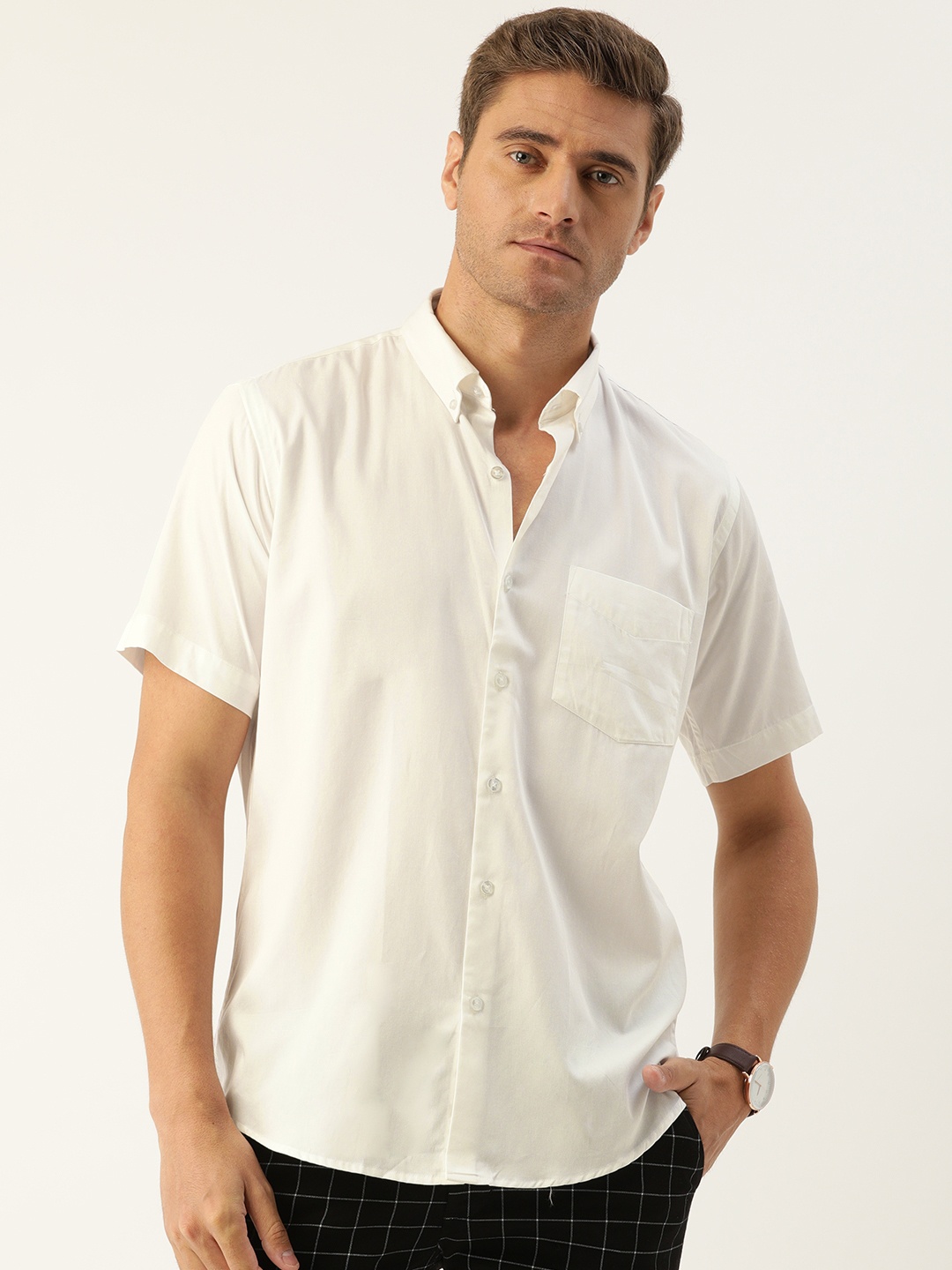 Hancock Men White Slim Fit Solid Casual Shirt