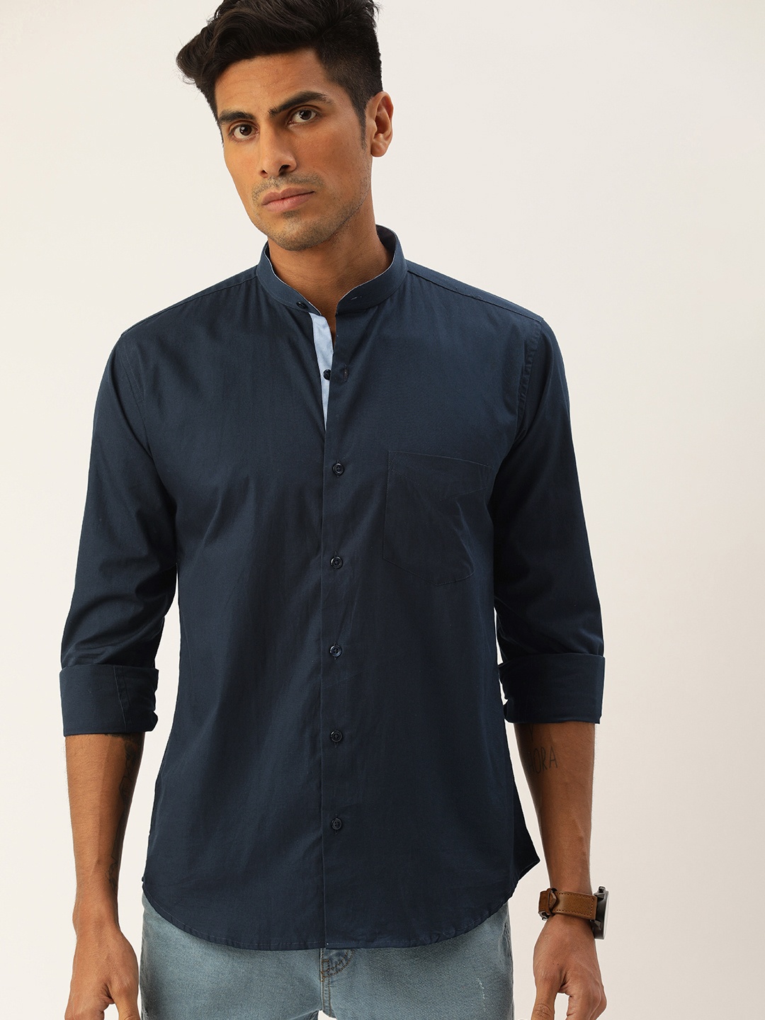 

Hancock Men Navy Blue Slim Fit Solid Casual Shirt