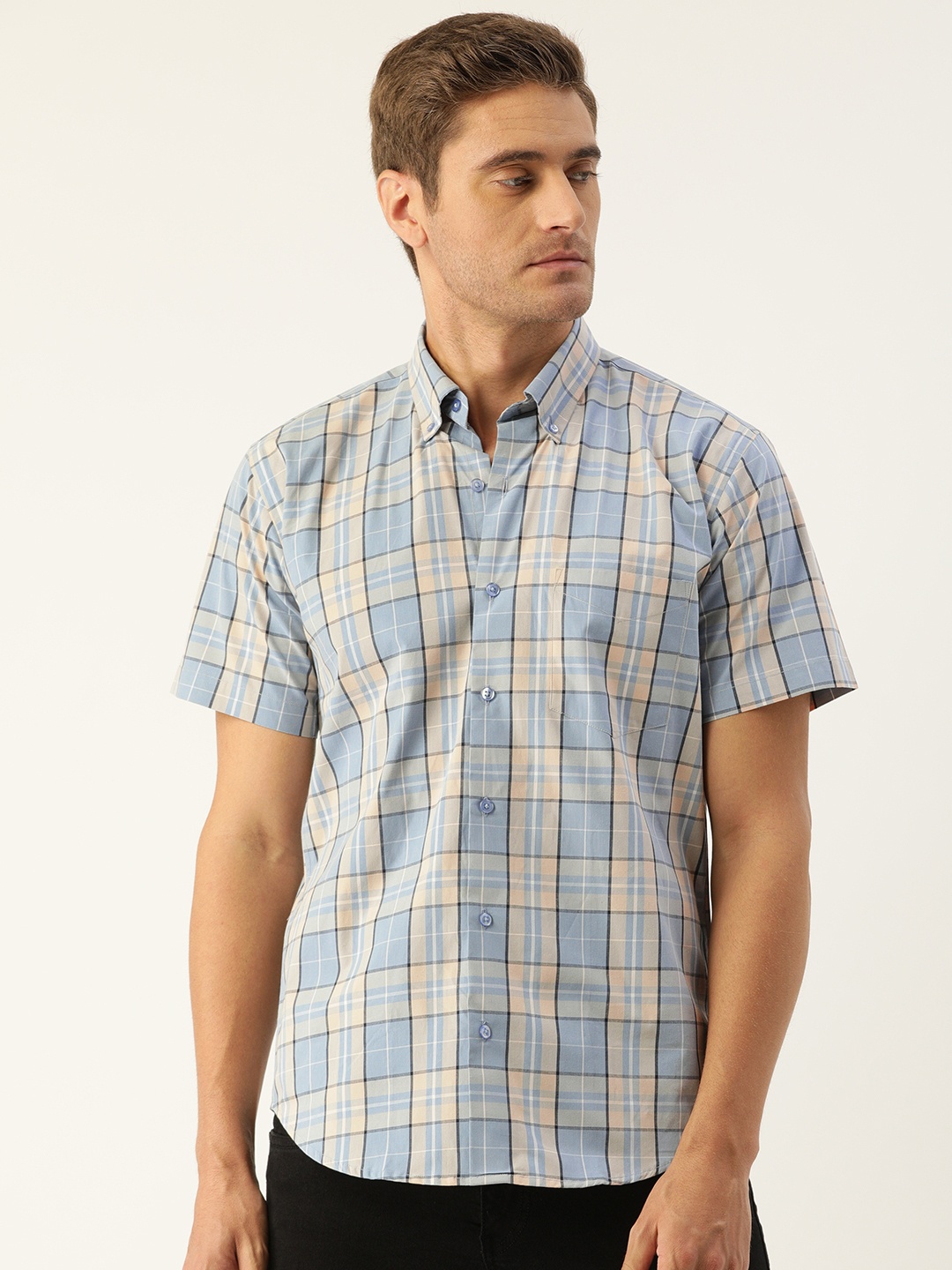 

Hancock Men Blue & Peach-Coloured Slim Fit Checked Casual Shirt