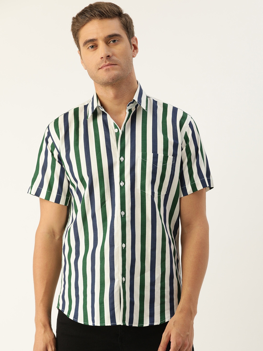 

Hancock Men White & Navy Blue Slim Fit Striped Casual Shirt