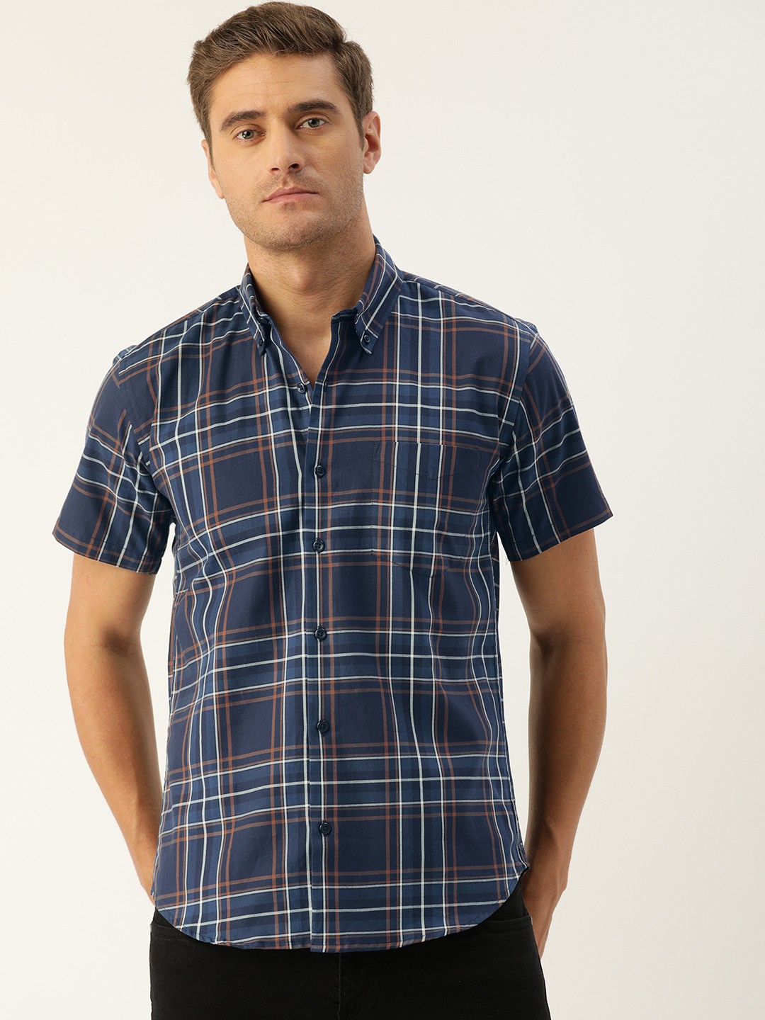 

Hancock Men Navy Blue & White Slim Fit Checked Casual Shirt