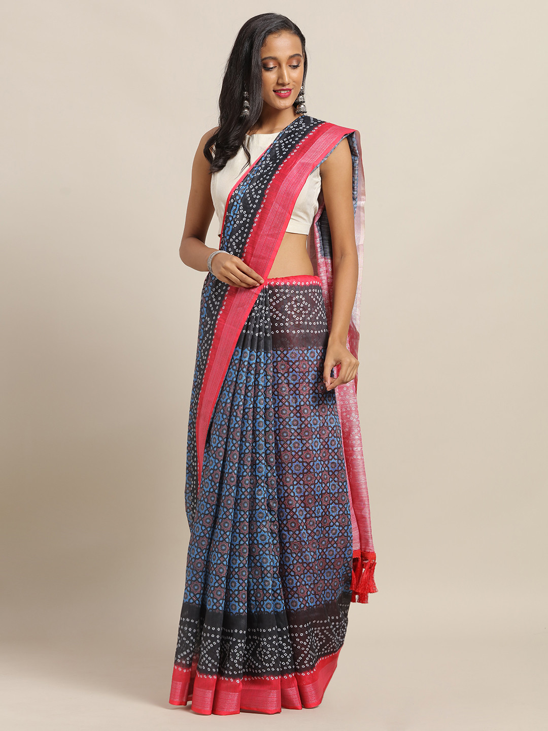 

VASTRANAND Navy Blue & Pink Cotton Blend Printed Bandhani Saree