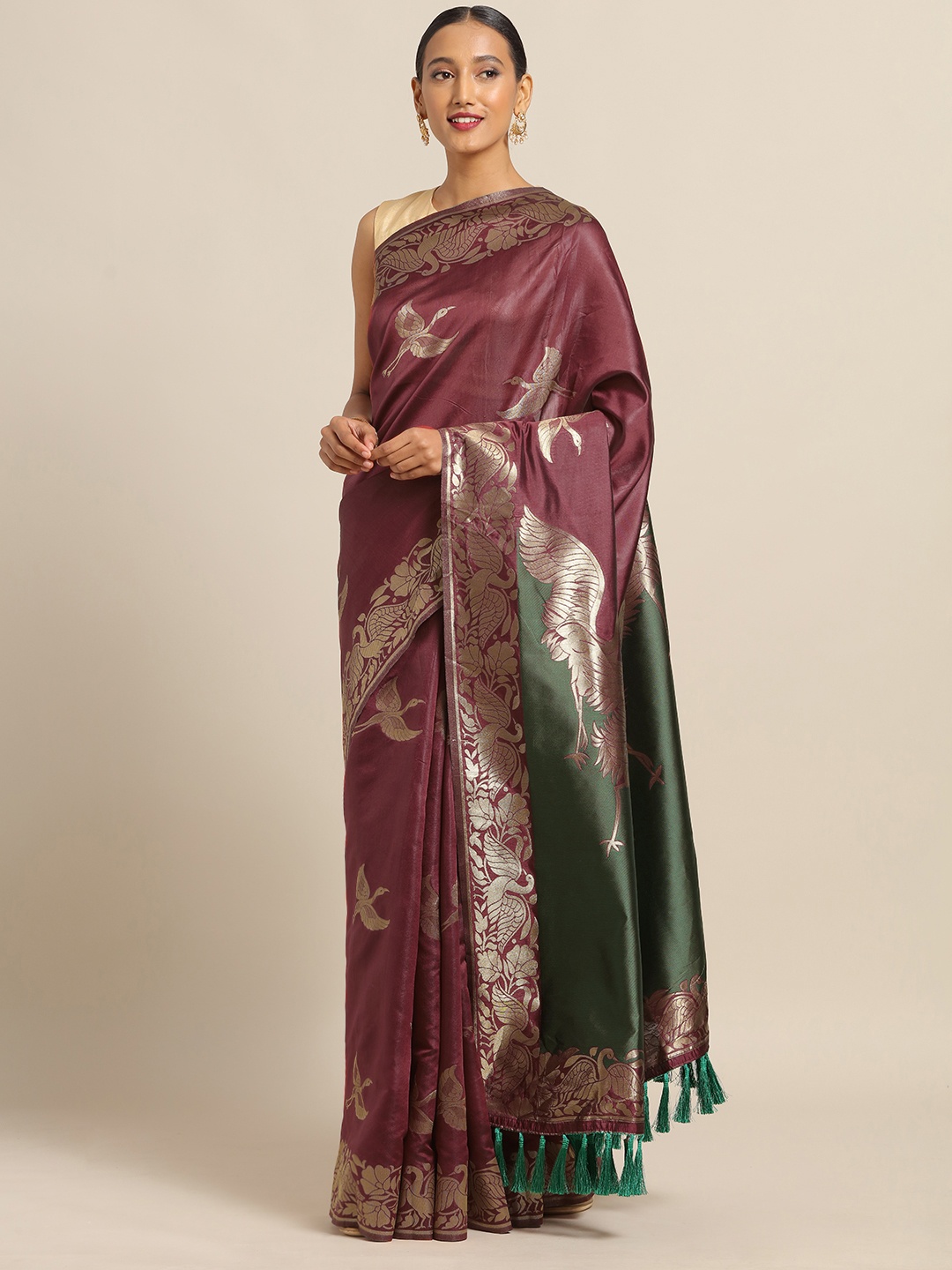 

VASTRANAND Maroon & Golden Silk Blend Woven Design Banarasi Saree