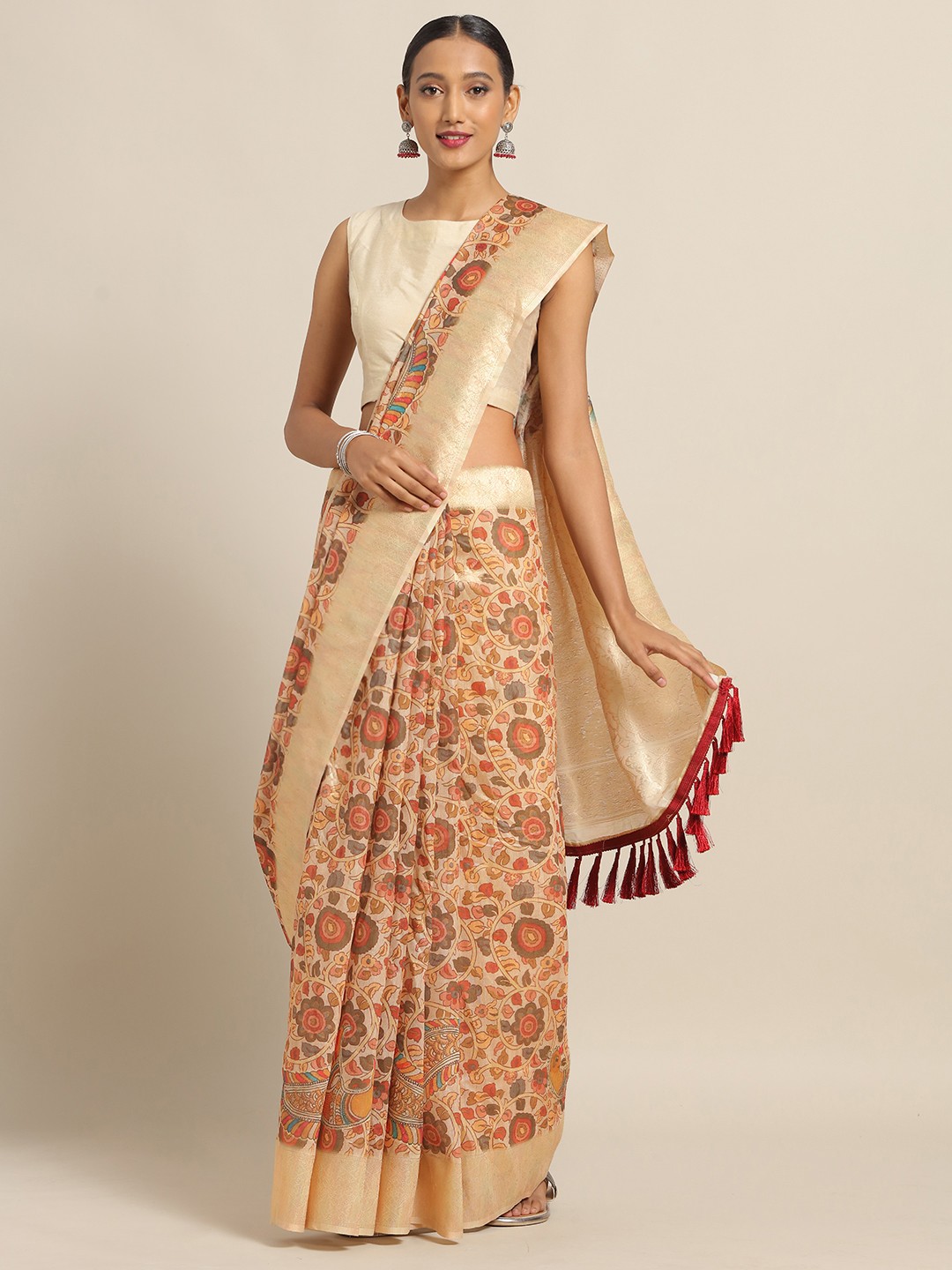 

VASTRANAND Cream-Coloured & Brown Cotton Blend Woven Design Kanjeevaram Saree