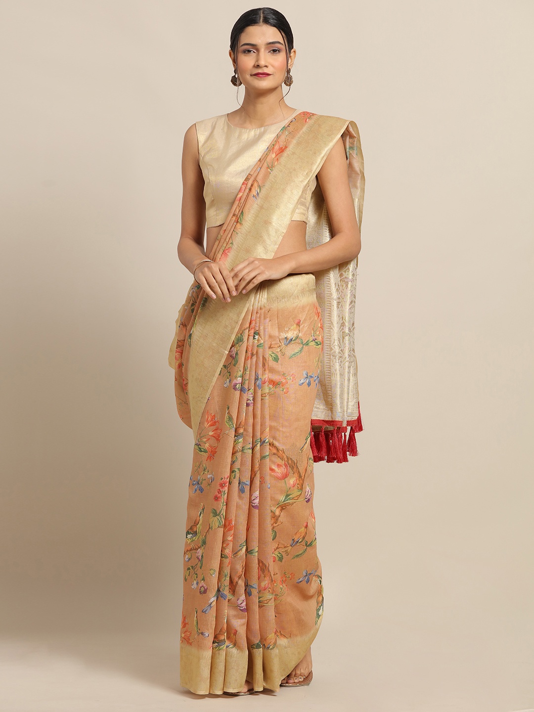 

VASTRANAND Rust Orange & Green Cotton Blend Floral Printed Banarasi Saree