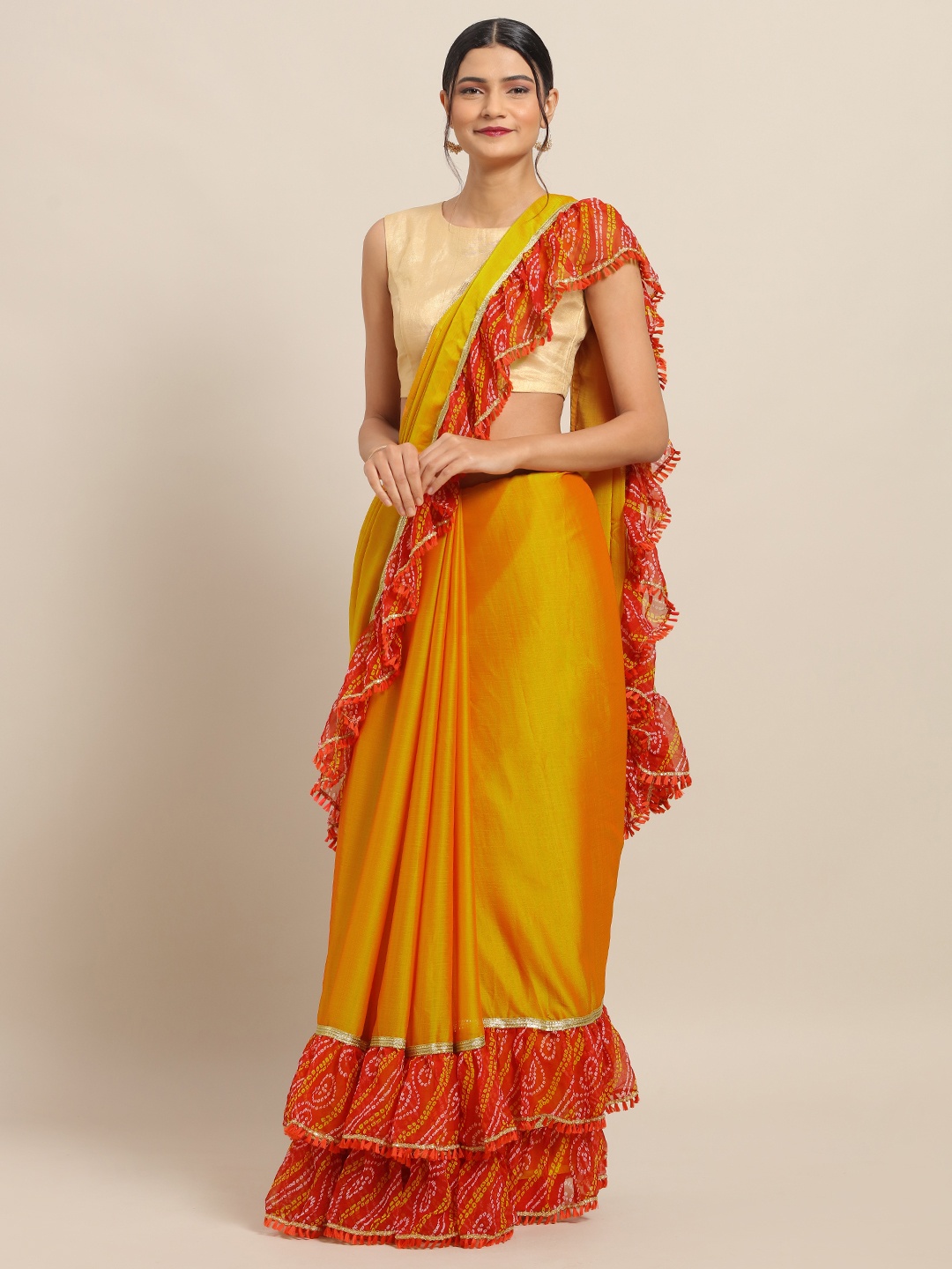 

VASTRANAND Mustard Yellow Dual Toned Poly Chiffon Solid Ruffled Bandhani Saree