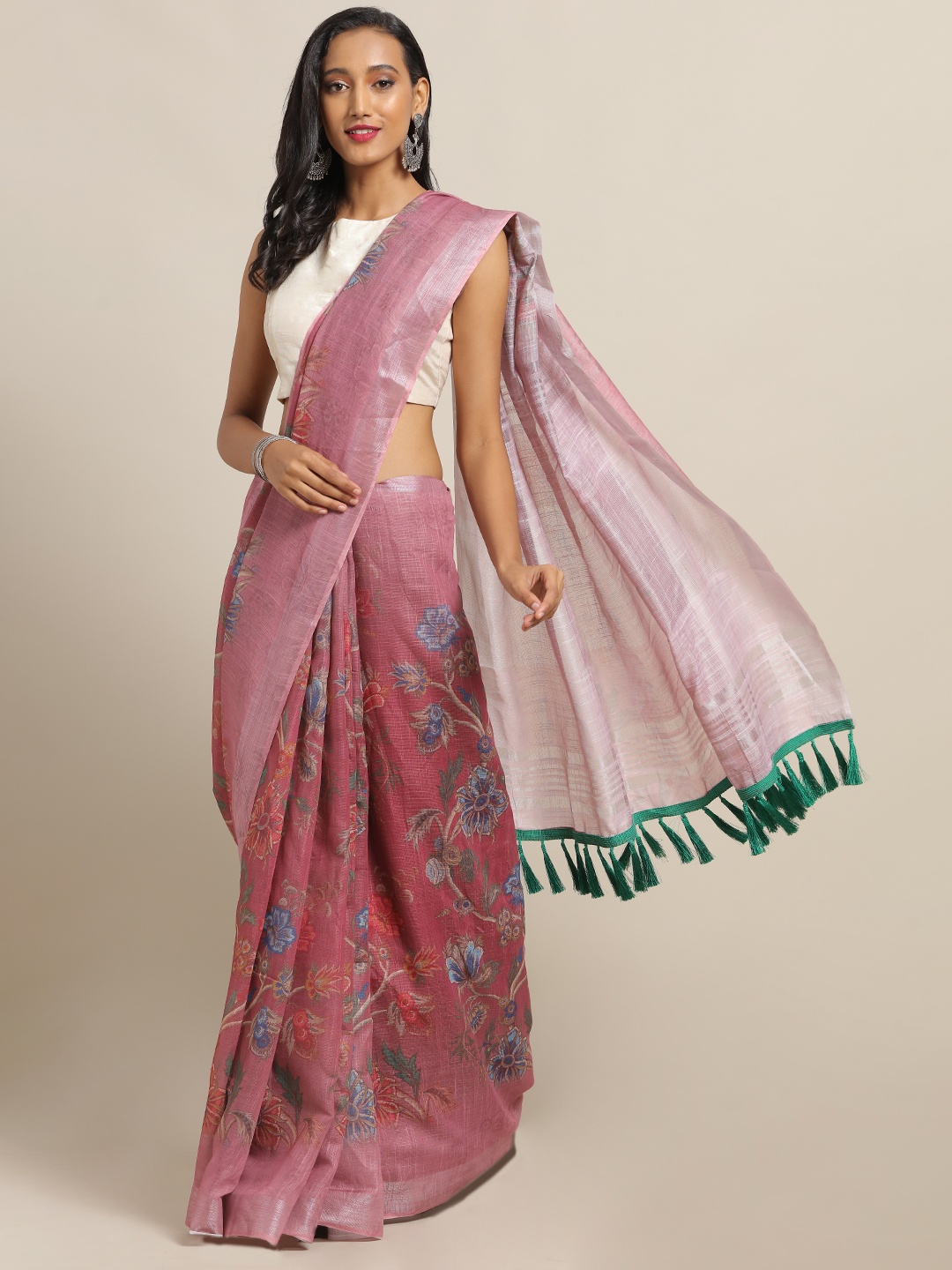 

VASTRANAND Mauve & Blue Linen Blend Printed Saree with Tassels