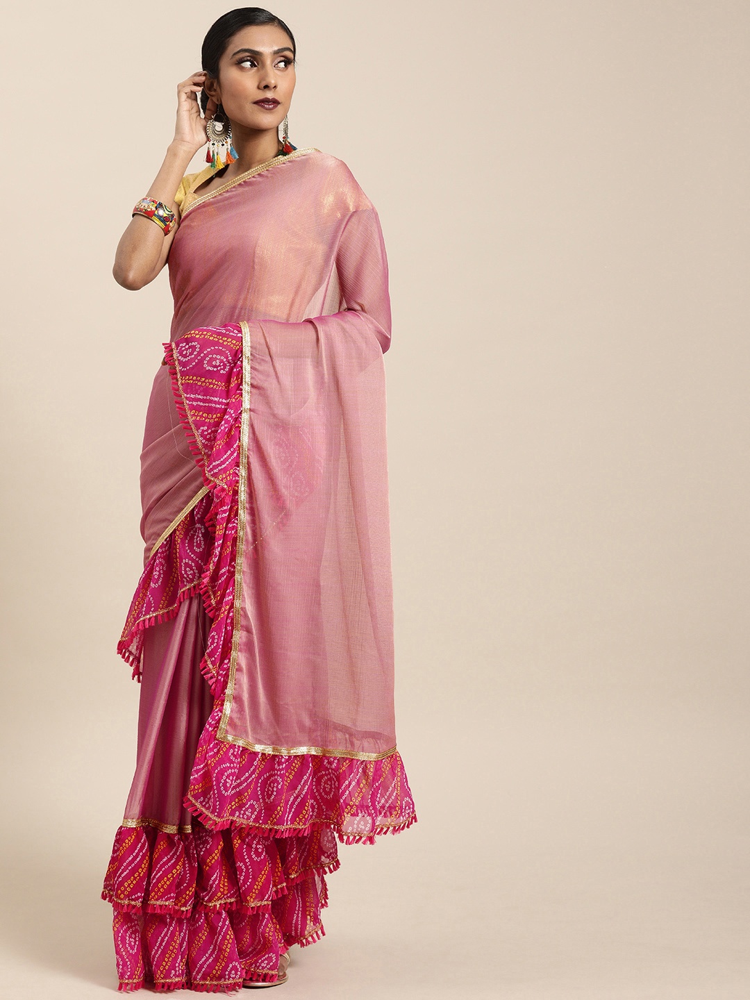 

VASTRANAND Pink Poly Chiffon Solid Ruffled Designer Bandhej Saree