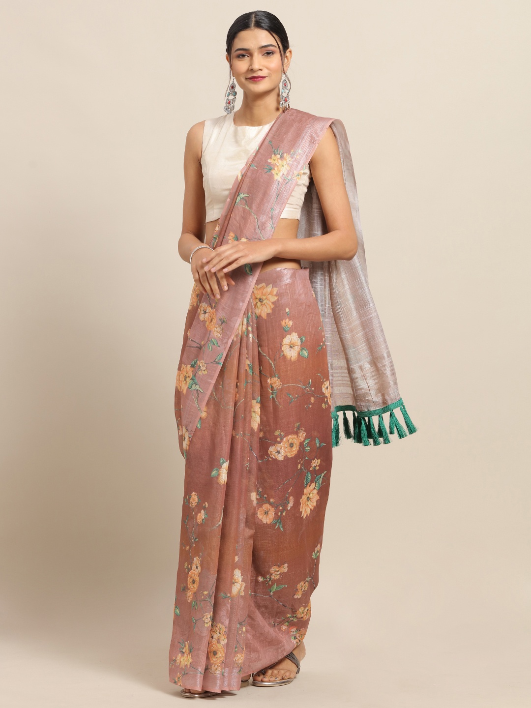 

VASTRANAND Brown & Peach-Coloured Linen Blend Printed Saree
