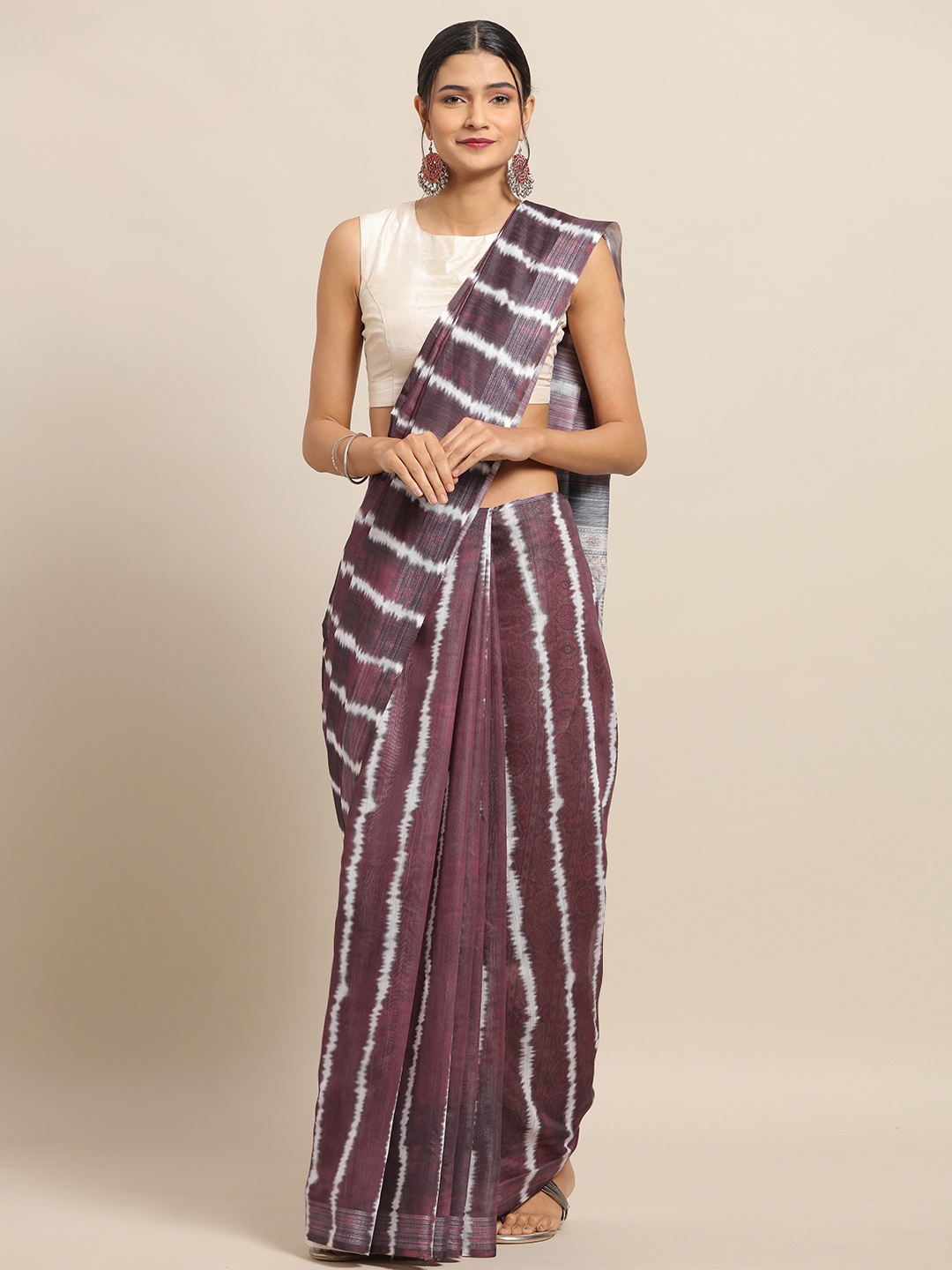 

VASTRANAND Maroon & Cream-Coloured Cotton Blend Printed Bandhani Saree