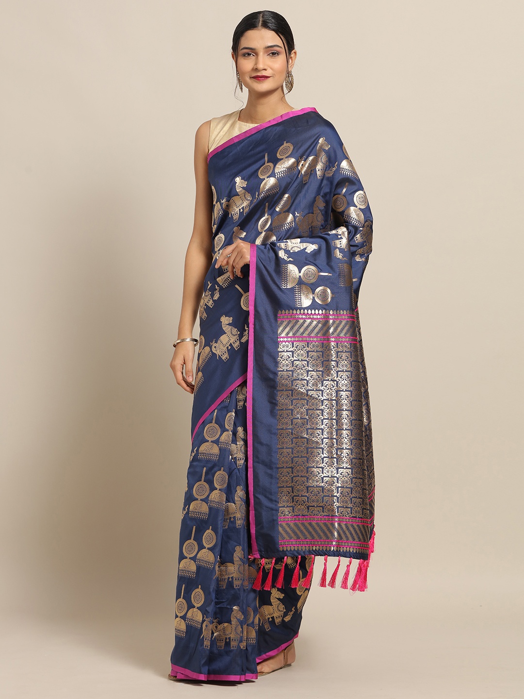 

VASTRANAND Navy Blue & Gold-Toned Silk Blend Woven Design Banarasi Saree