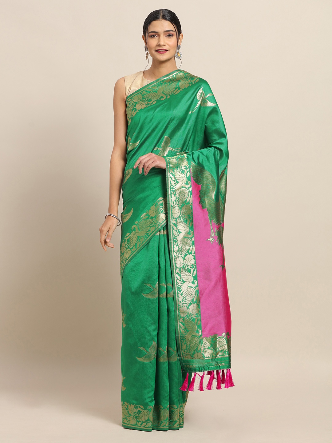 

VASTRANAND Green Silk Blend Solid Banarasi Saree