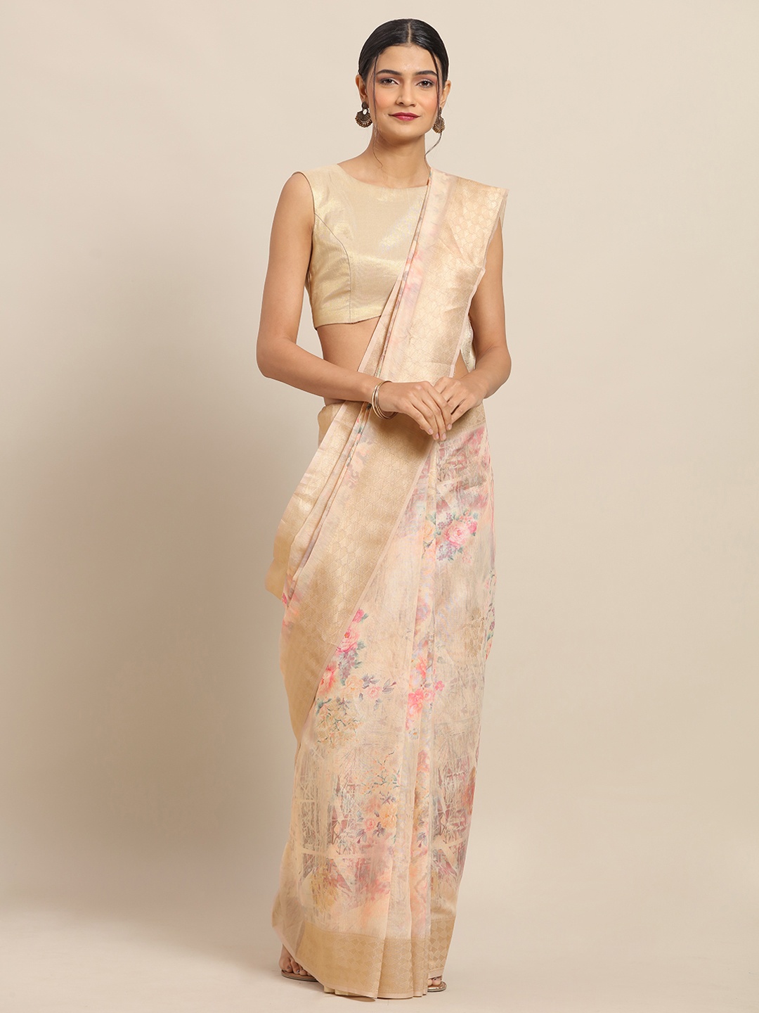 

VASTRANAND Cream-Coloured & Pink Cotton Blend Floral Printed Banarasi Saree