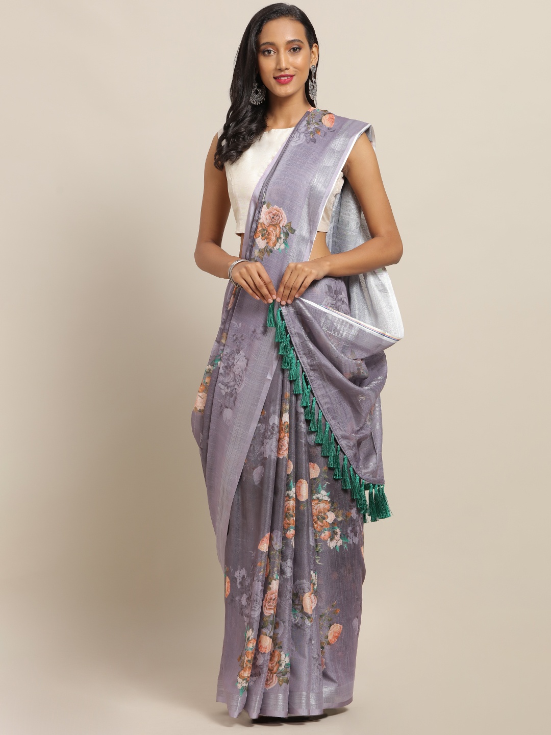 

VASTRANAND Grey & Peach-Coloured Linen Blend Printed Saree with Tassels