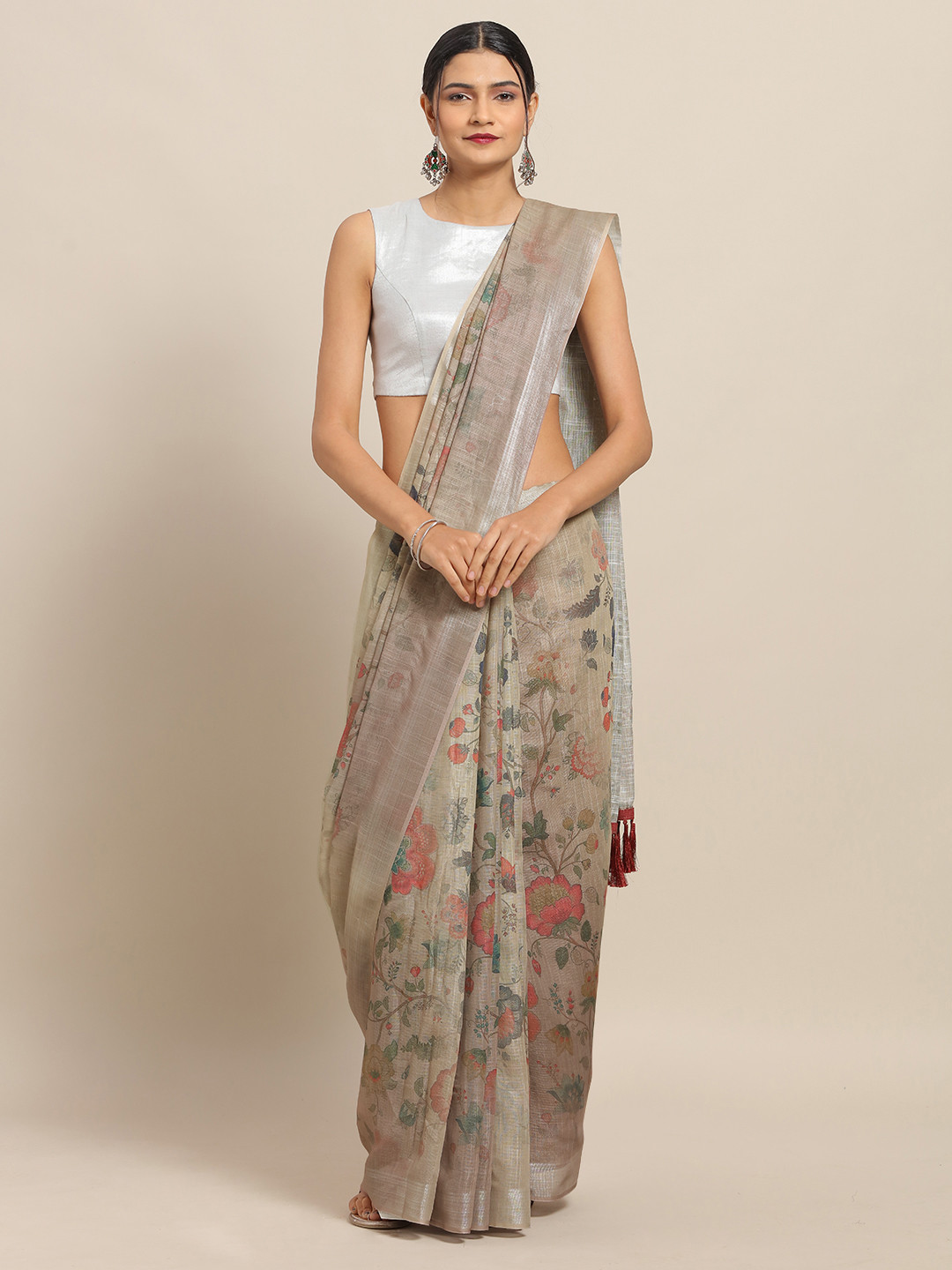 

VASTRANAND Taupe Floral Printed Linen Blend Saree