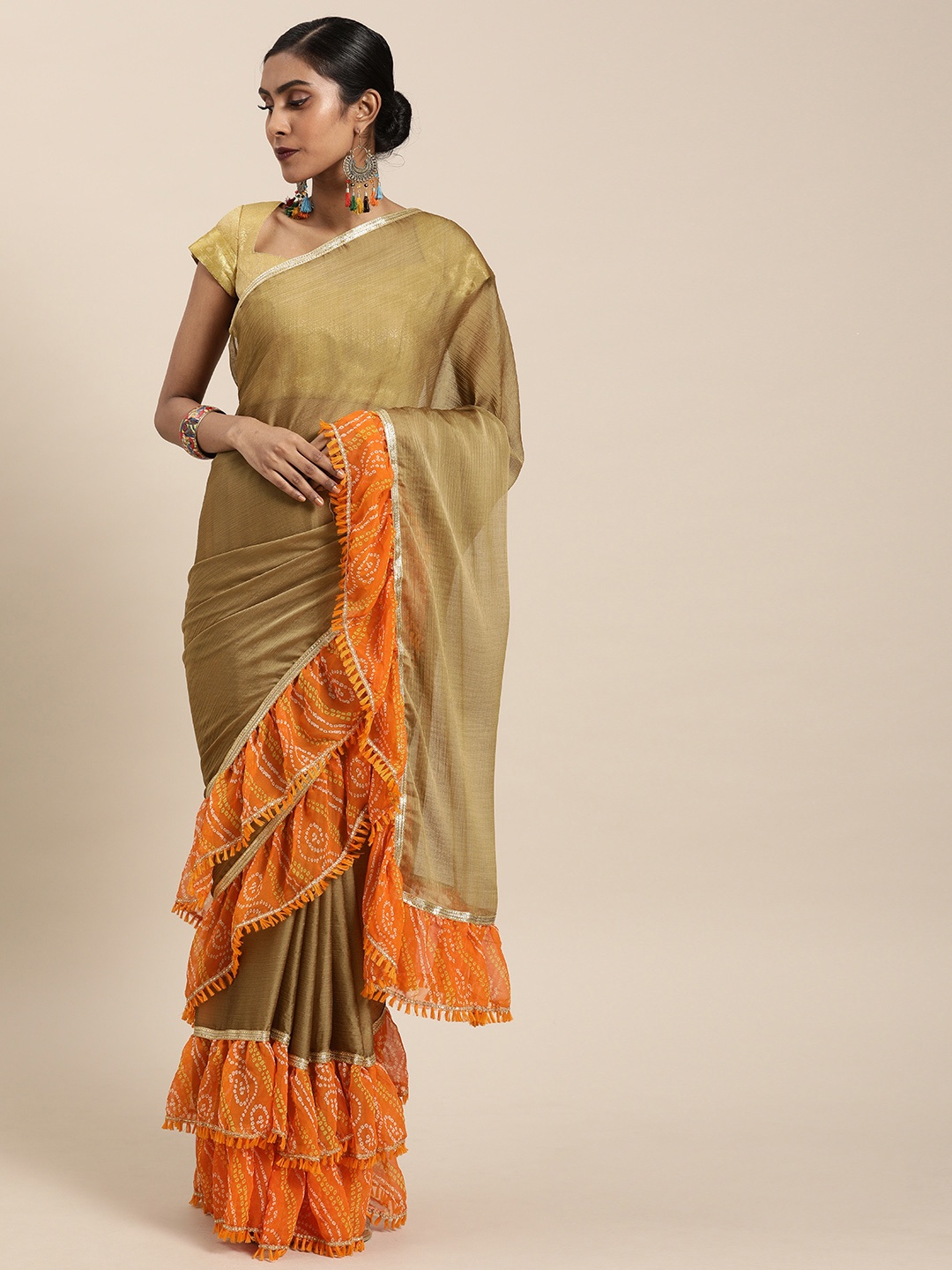 

VASTRANAND Brown Poly Chiffon Self-Striped Ruffled Designer Bandhej Saree