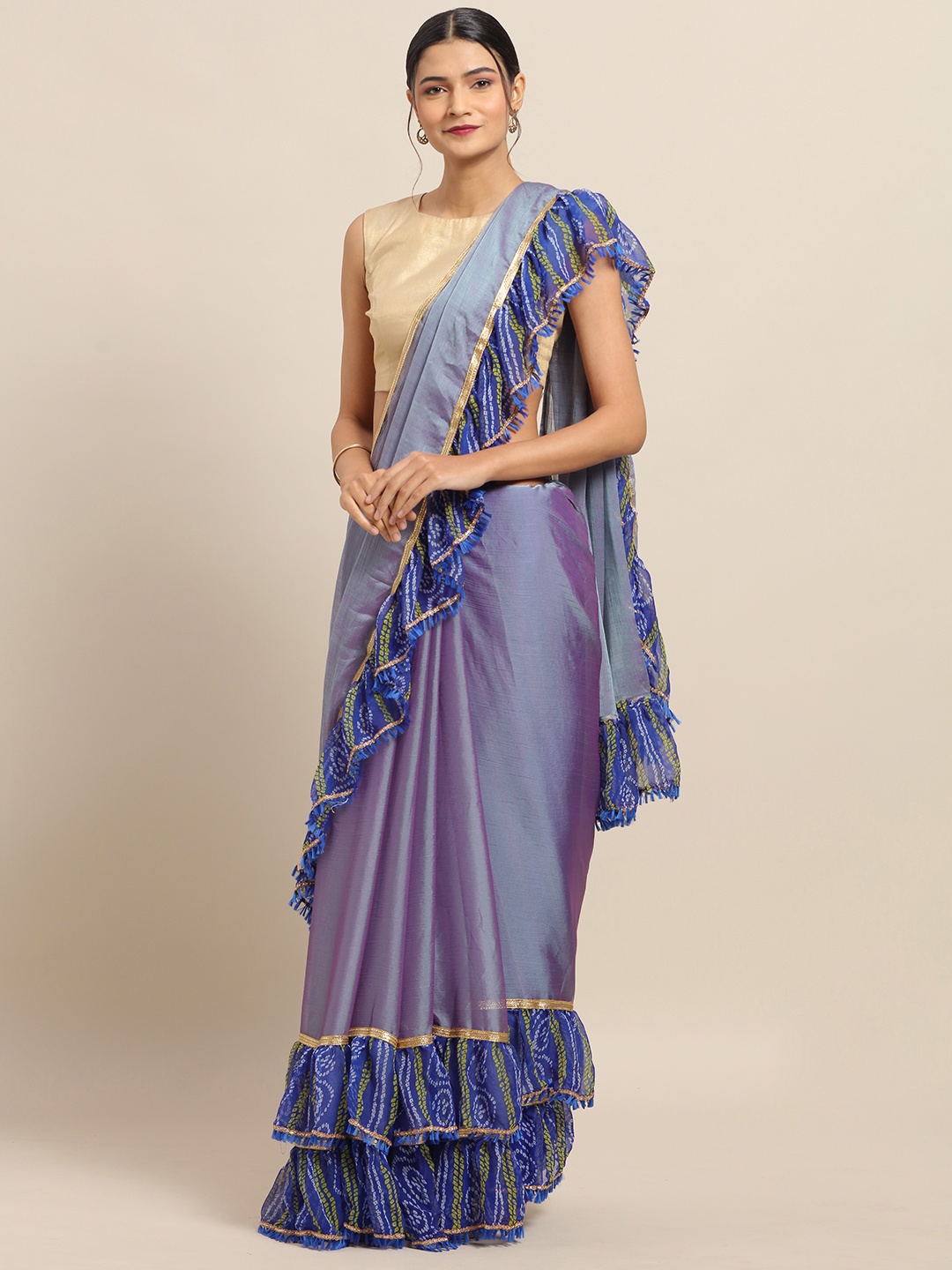 

VASTRANAND Lavender Solid Poly Chiffon Ruffled Saree