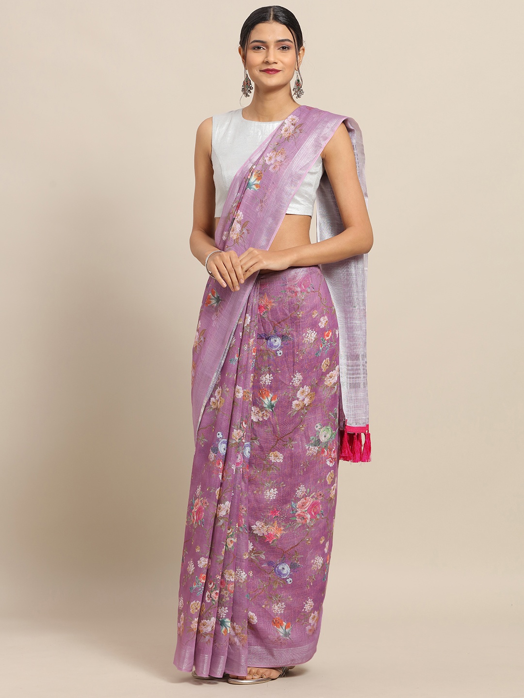

VASTRANAND Lavender Floral Printed Linen Blend Saree
