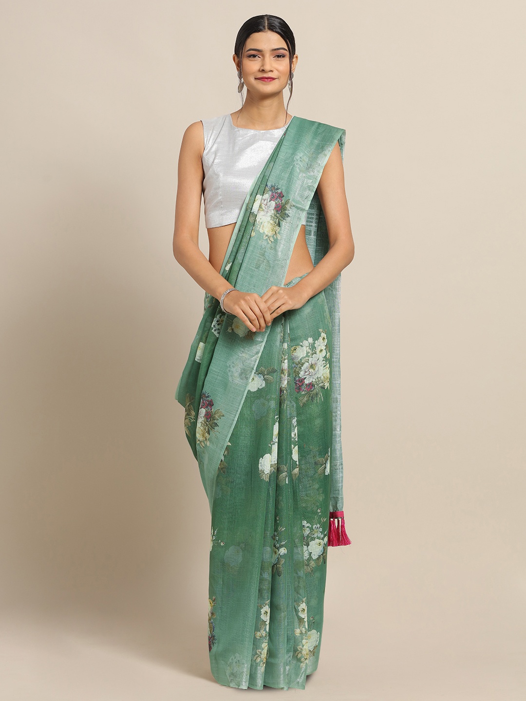 

VASTRANAND Green & Off-White Linen Blend Printed Saree