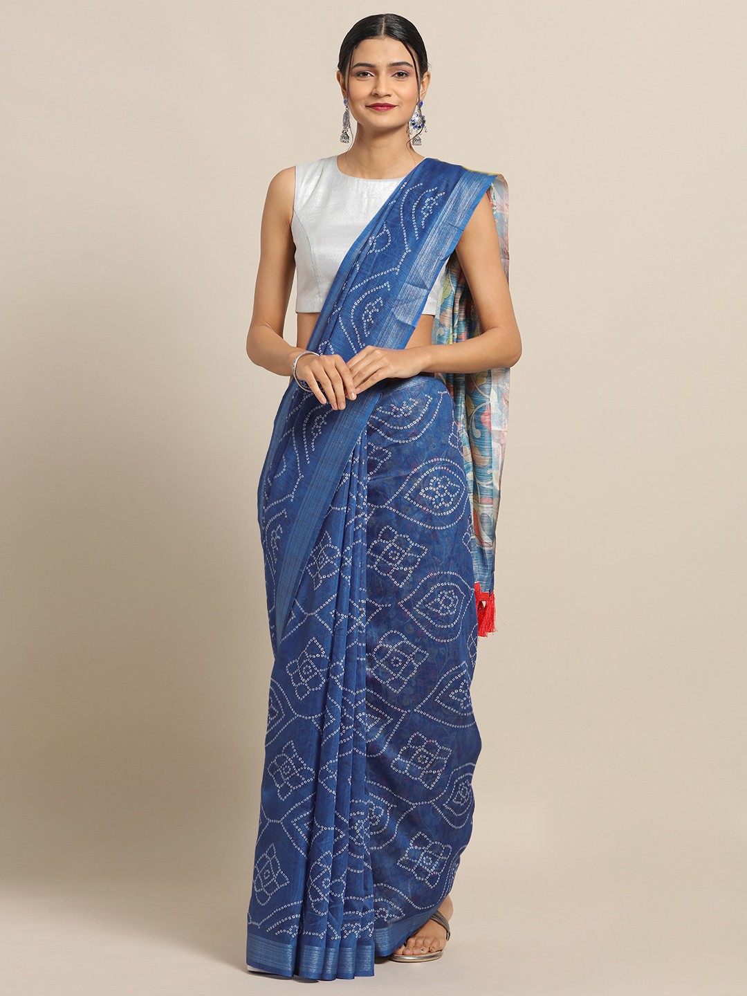 

VASTRANAND Blue Cotton Blend Printed Bandhani Saree