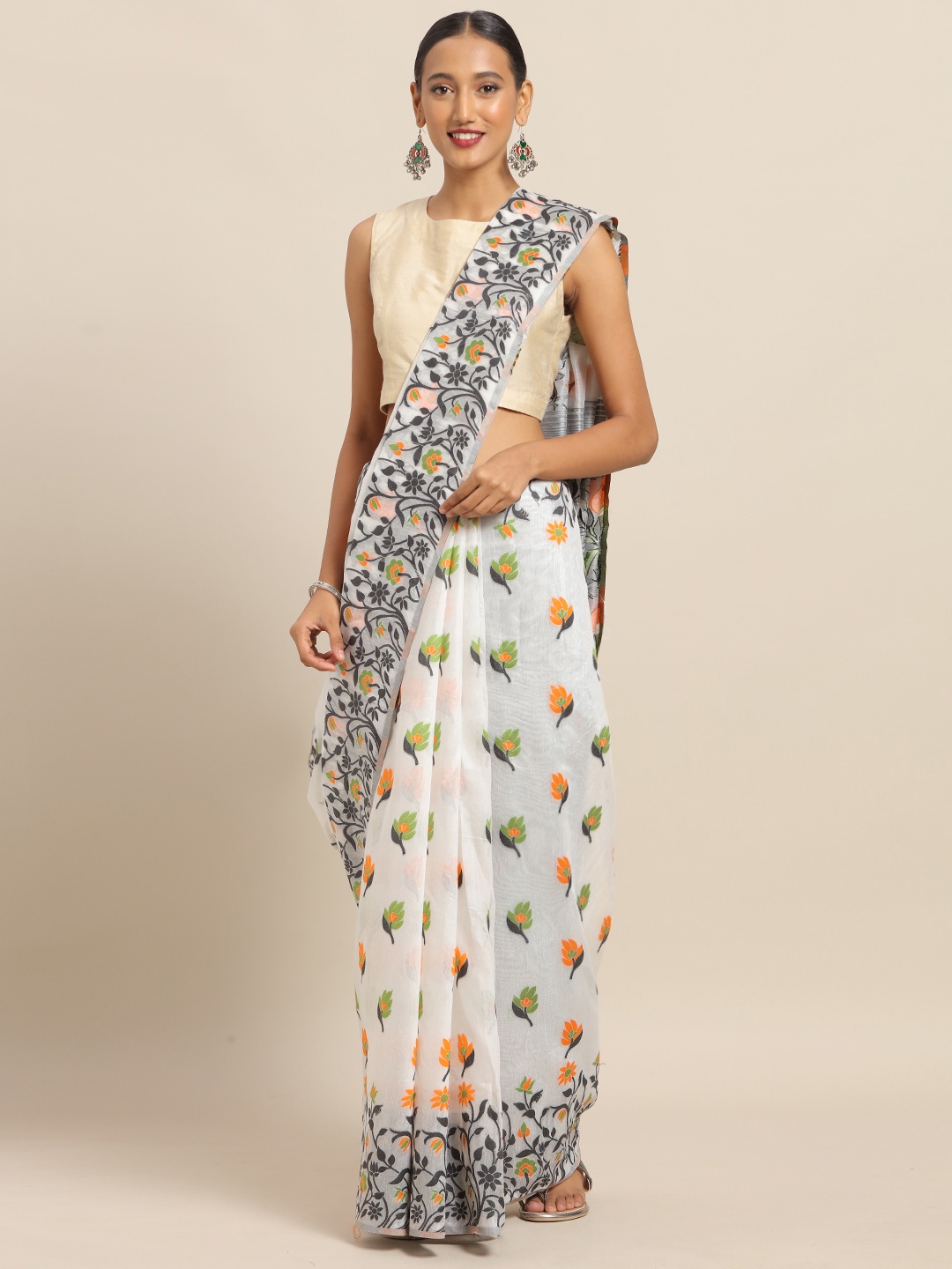 

VASTRANAND White & Grey Silk Cotton Printed Jamdani Saree