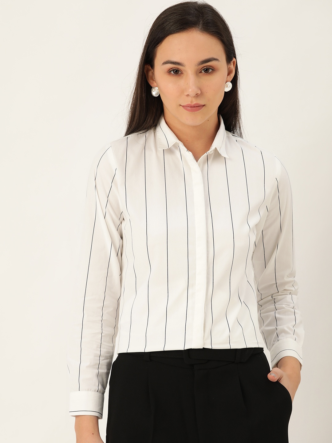 

Hancock Women White & Black Slim Fit Striped Formal Shirt