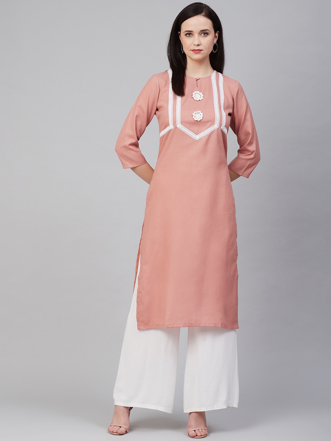 

Bhama Couture Women Peach-Coloured & White Yoke Design Straight Kurta