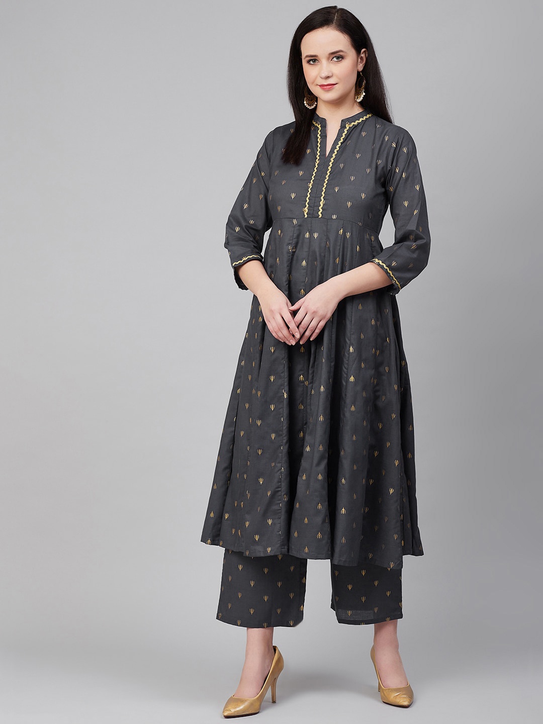 

Bhama Couture Women Charcoal Grey & Golden Block Print Anarkali Kurta with Palazzos