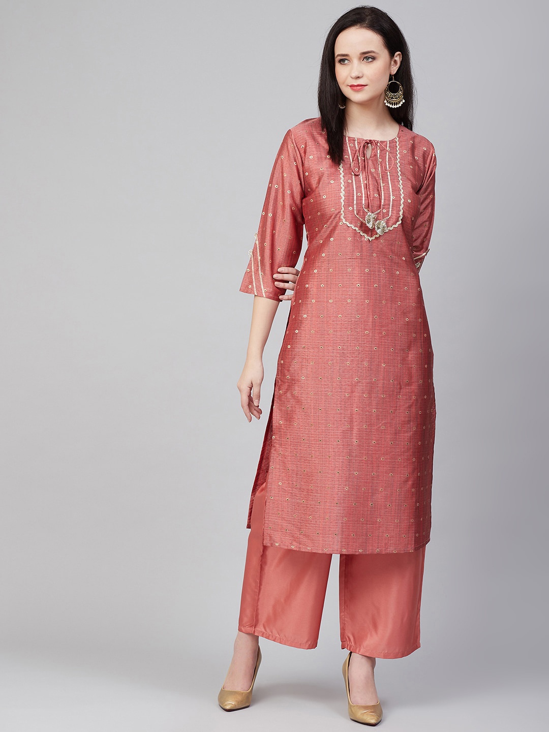 

Bhama Couture Women Peach-Coloured Embroidered Kurta with Palazzos