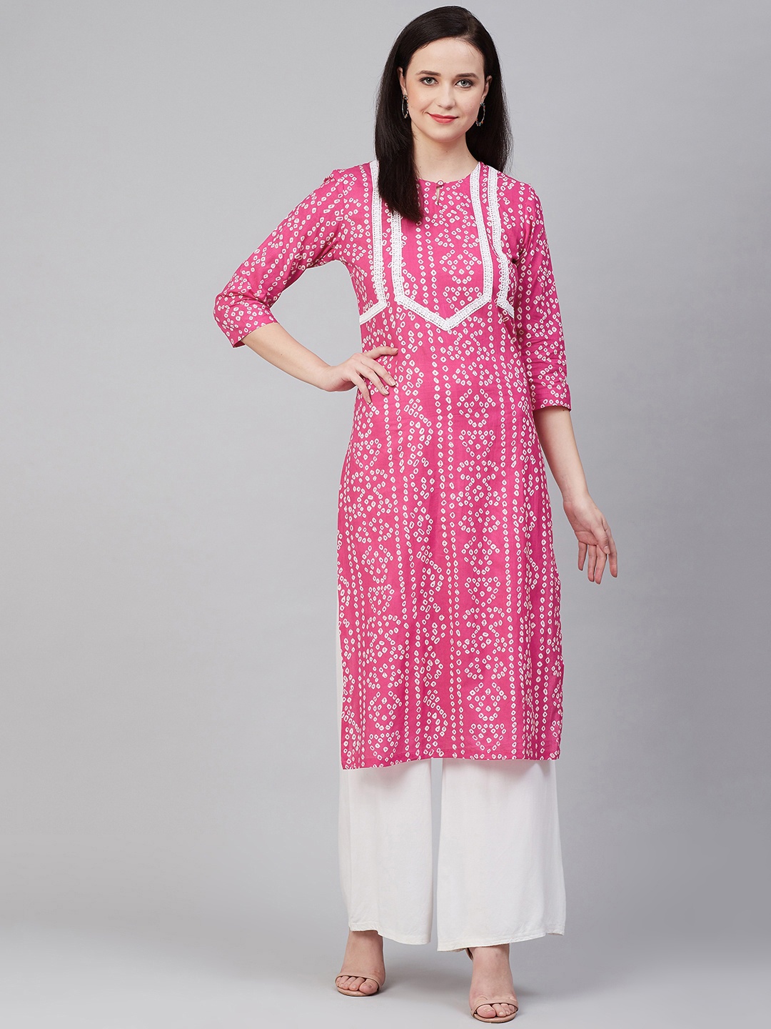 

Bhama Couture Women Pink & White Yoke Design Straight Bandhani Kurta