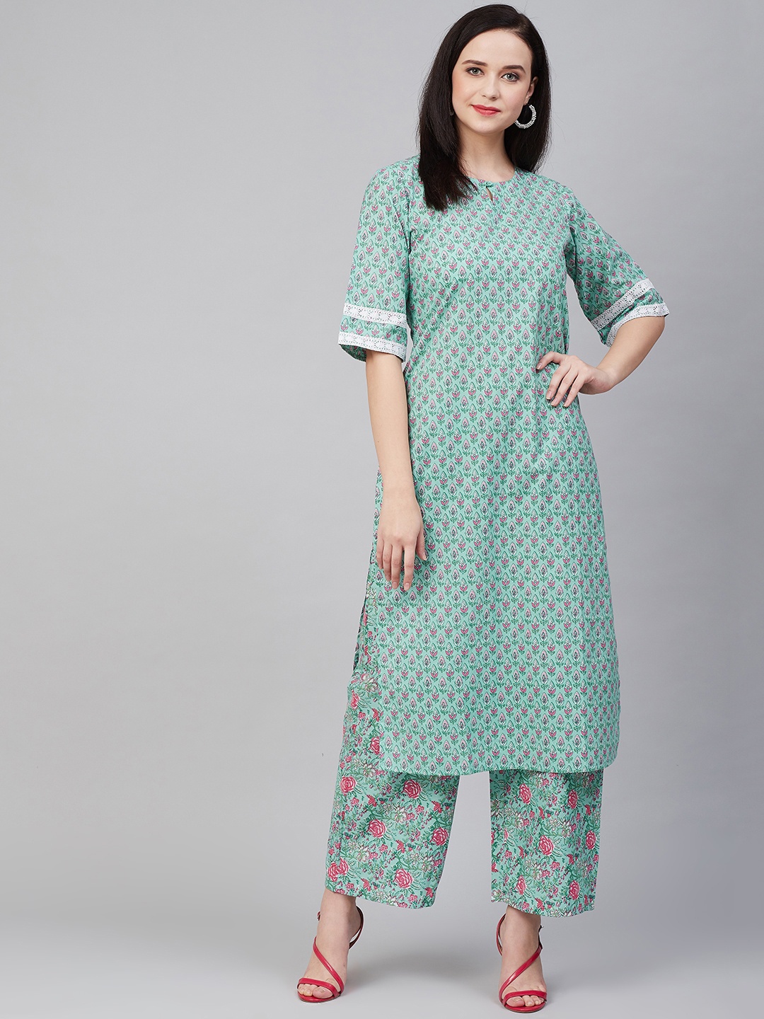 

Bhama Couture Women Green & Pink Printed Kurta with Palazzos