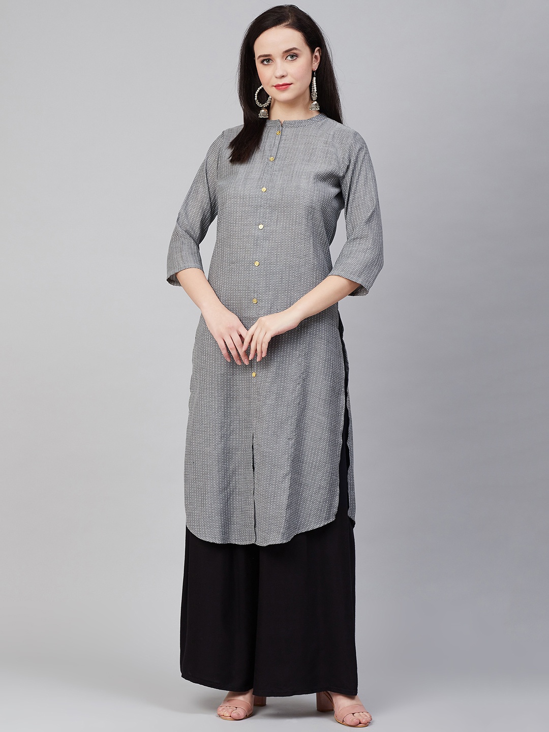 

Bhama Couture Women Charcoal Grey & White Self-Striped Straight Kurta