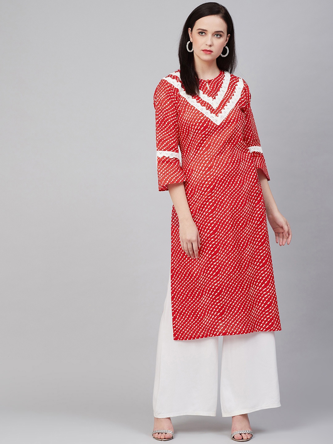 

Bhama Couture Women Red & White Yoke Design Straight Bandhani Kurta