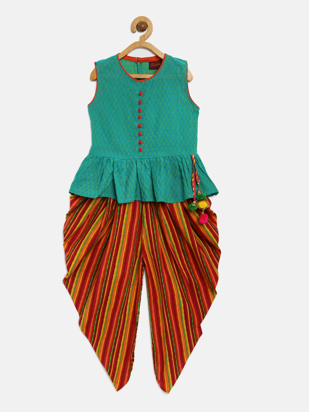 

Twisha Girls Green & Blue Self Design Top with Dhoti Pants