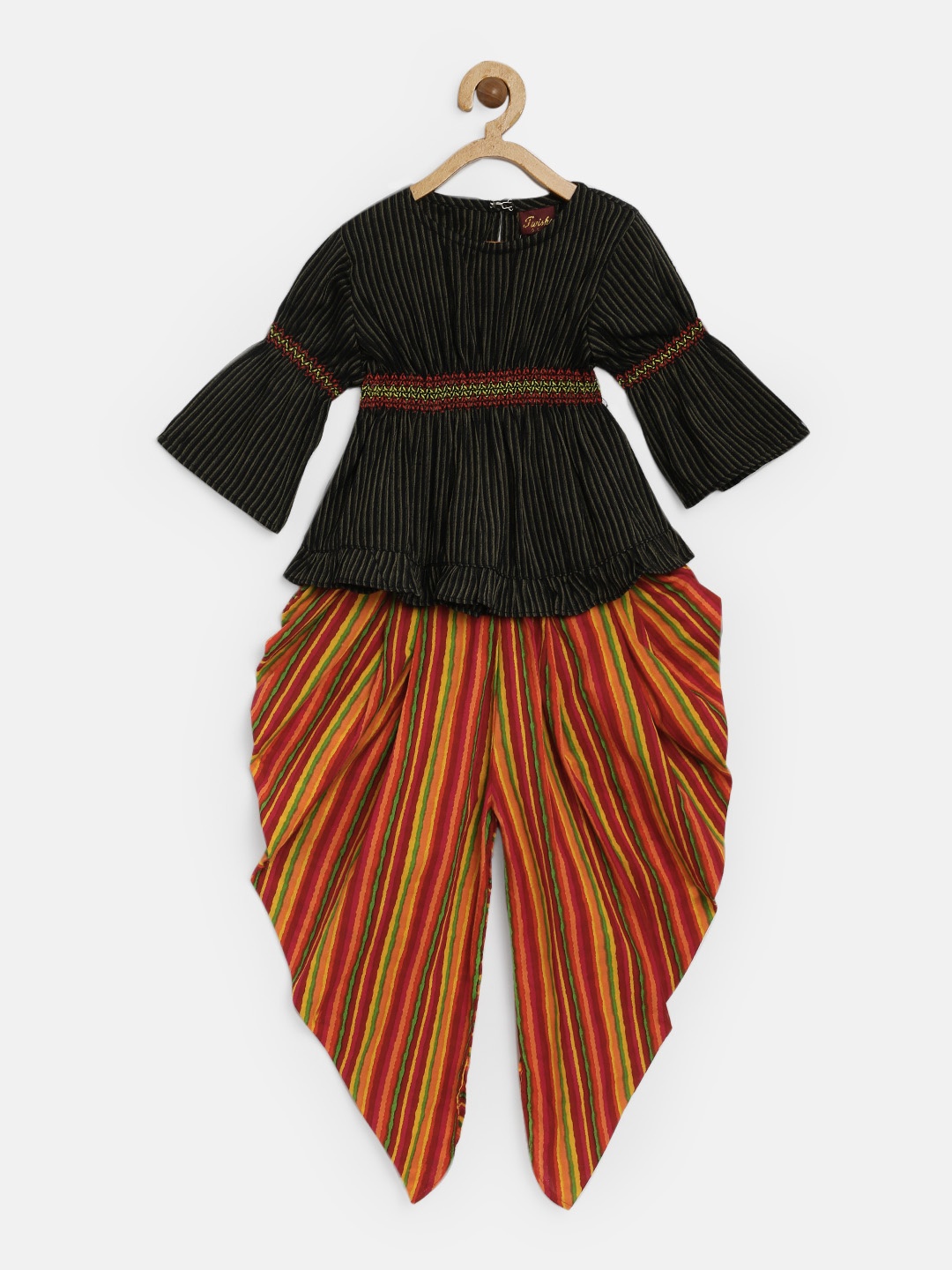 

Twisha Girls Black & Beige Striped Top with Dhoti Pants