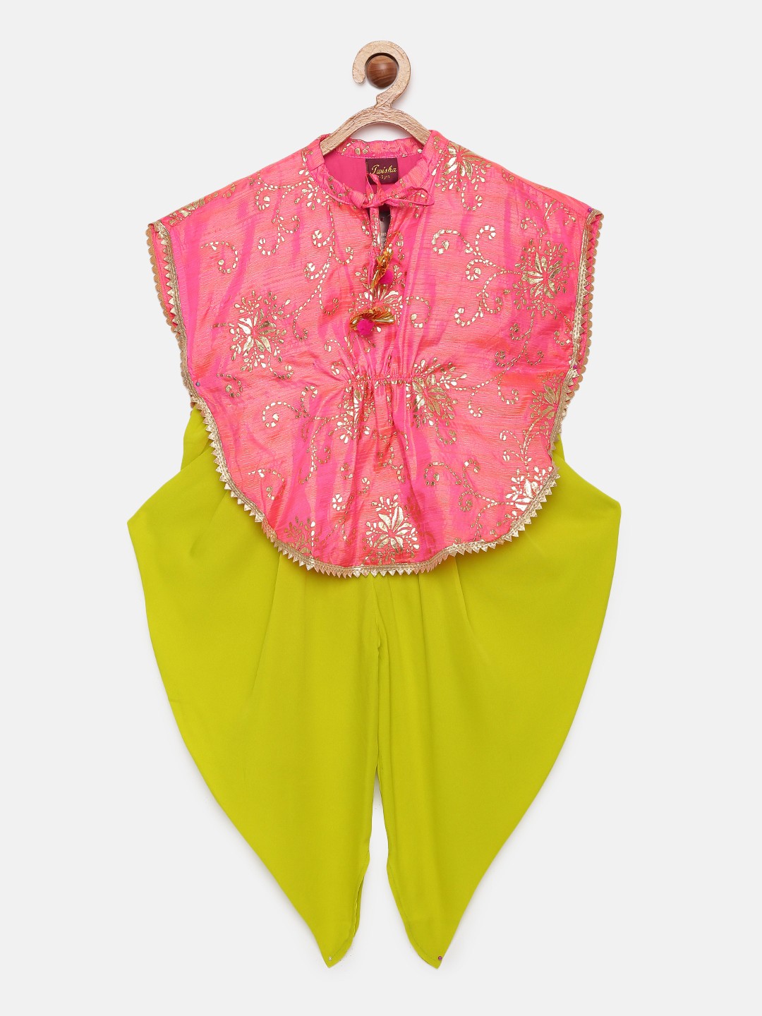 

Twisha Girls Coral Pink & Lime Green Printed Top with Dhoti Pants