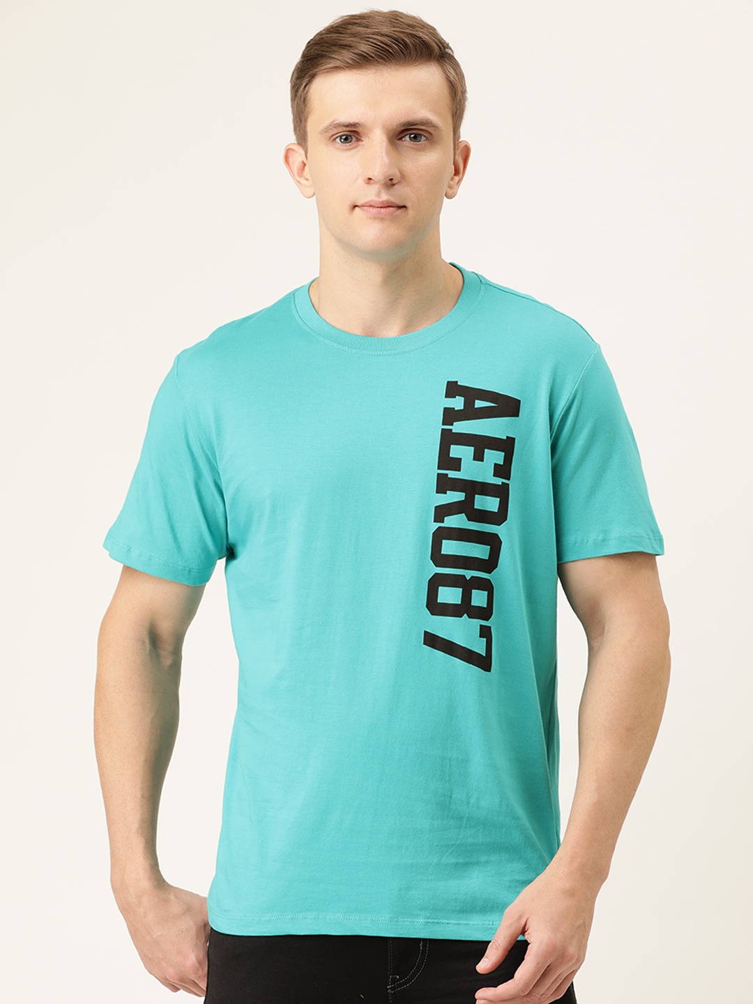 

Aeropostale Men Turquoise Blue Printed Round Neck Pure Cotton T-shirt