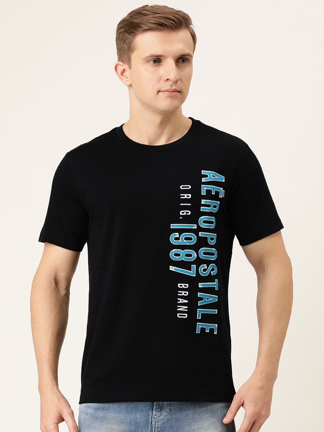

Aeropostale Men Black Printed Round Neck Pure Cotton T-shirt