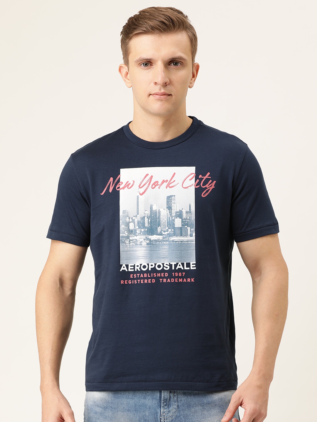 

Aeropostale Men Navy Blue Printed Round Neck Pure Cotton T-shirt