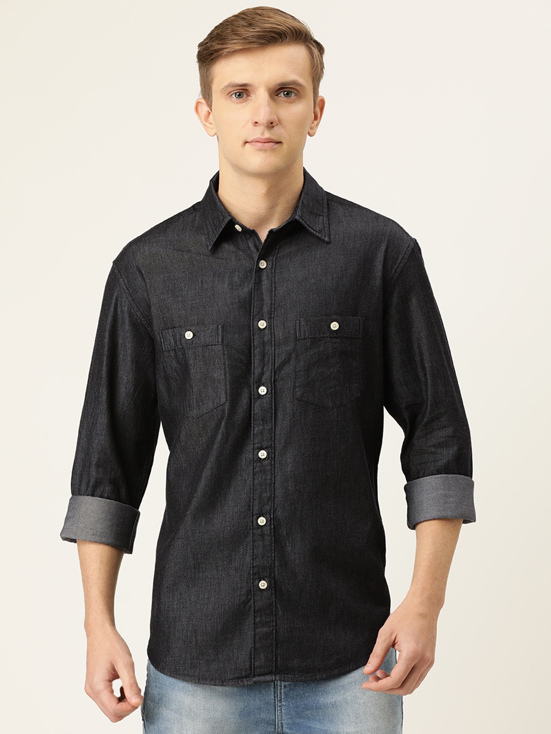 

Aeropostale Men Black Regular Fit Solid Casual Denim Shirt