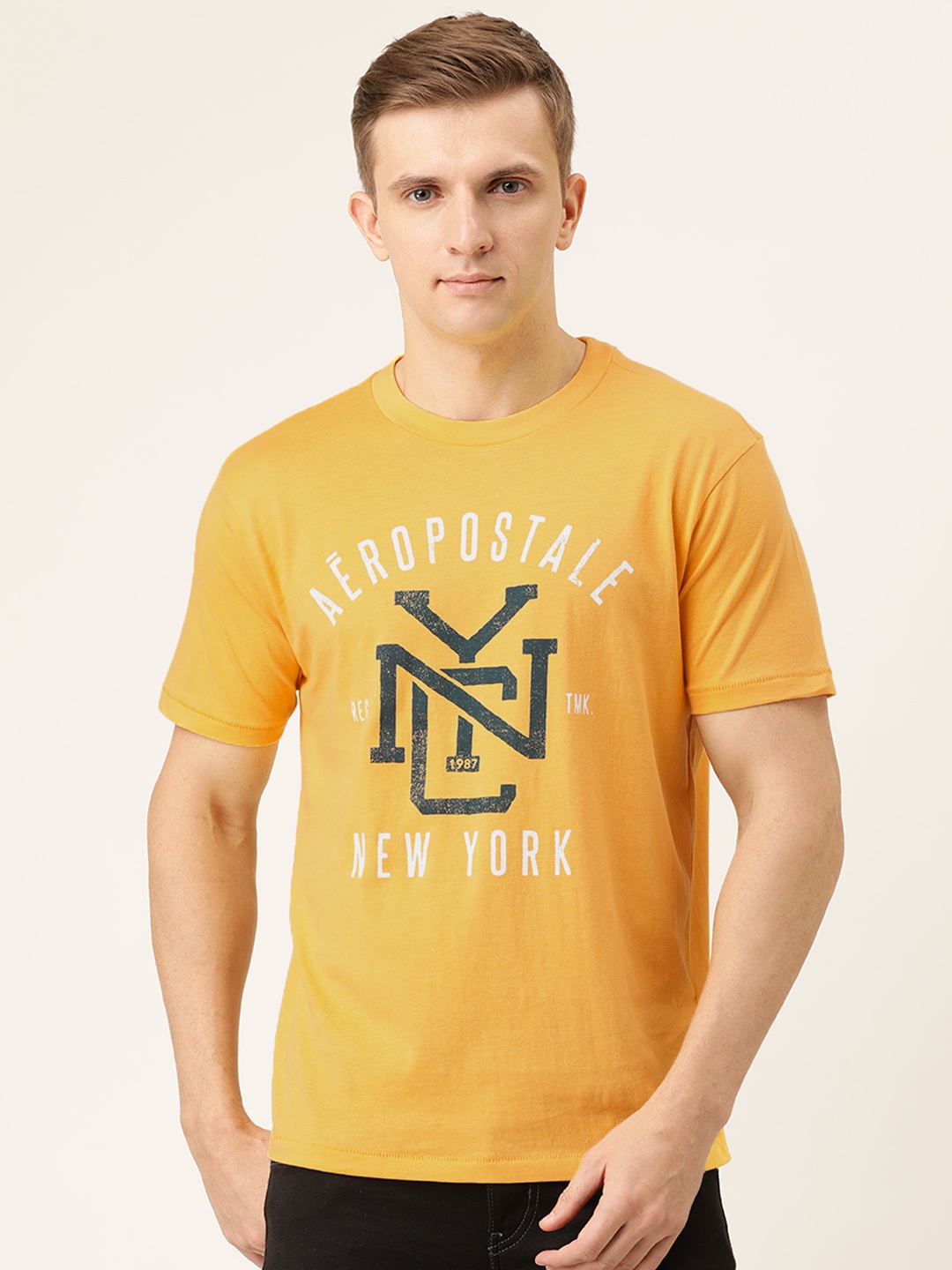

Aeropostale Men Mustard Yellow Printed Round Neck Pure Cotton T-shirt
