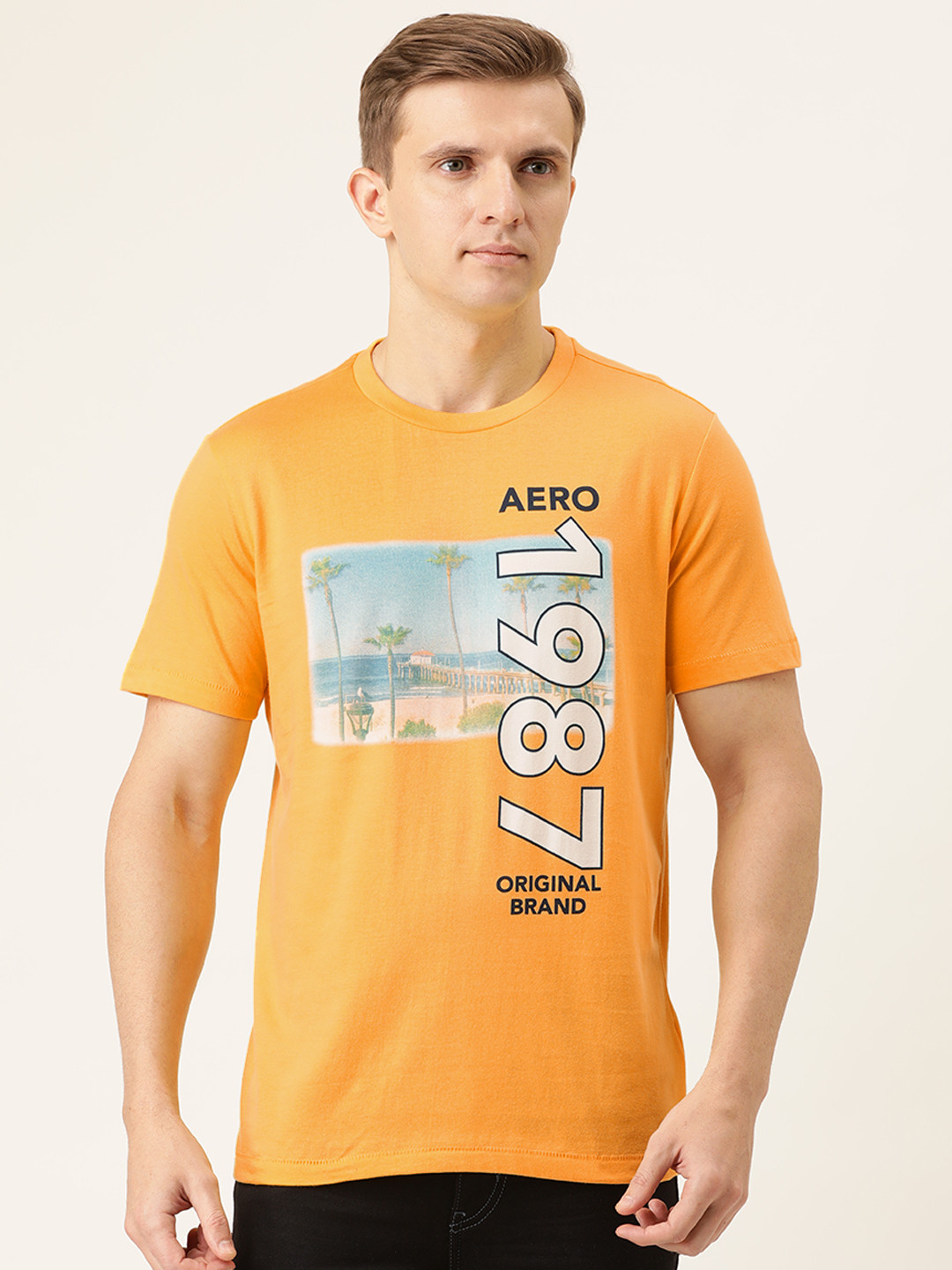 

Aeropostale Men Orange Printed Round Neck T-shirt