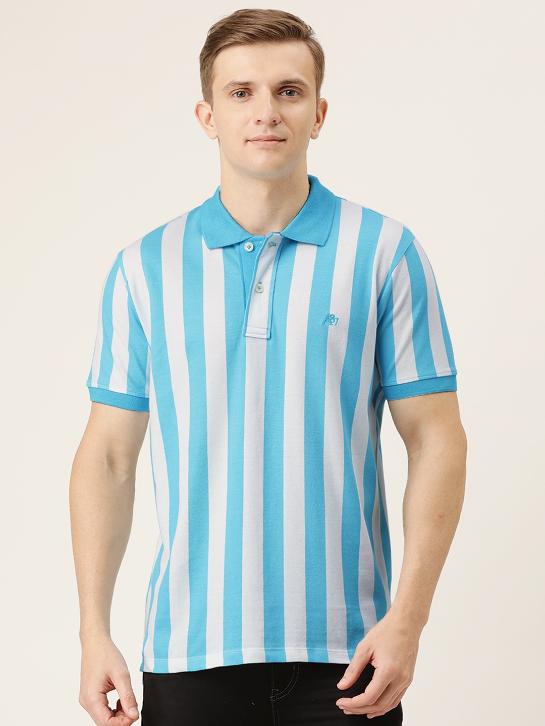 

Aeropostale Men Blue Striped Polo Collar T-shirt