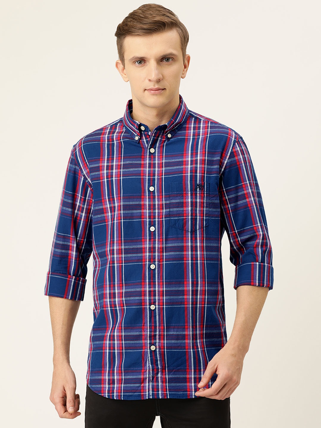 

Aeropostale Men Navy Blue & Red Regular Fit Checked Casual Shirt