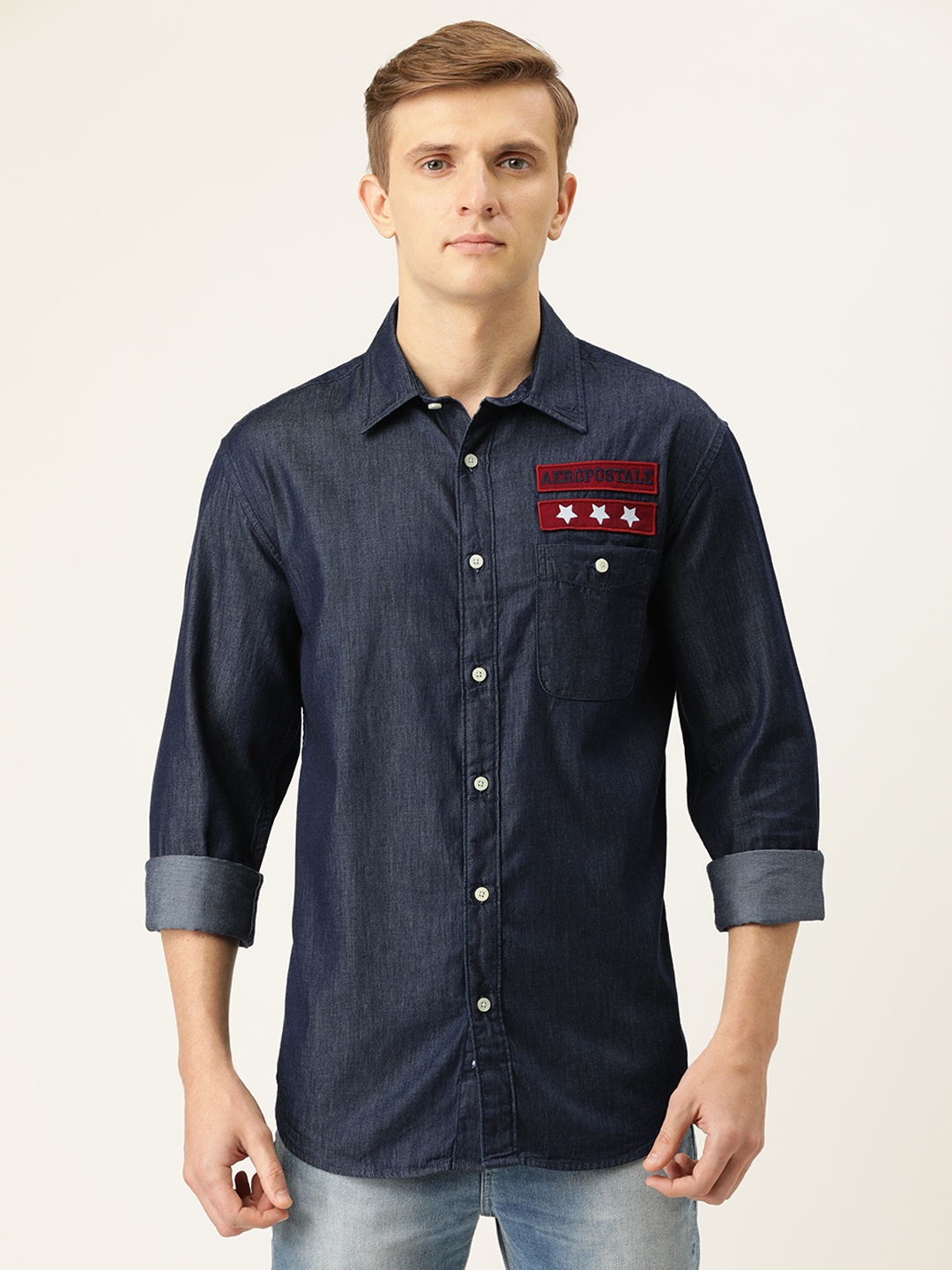 

Aeropostale Men Navy Blue Regular Fit Solid Casual Chambray Shirt