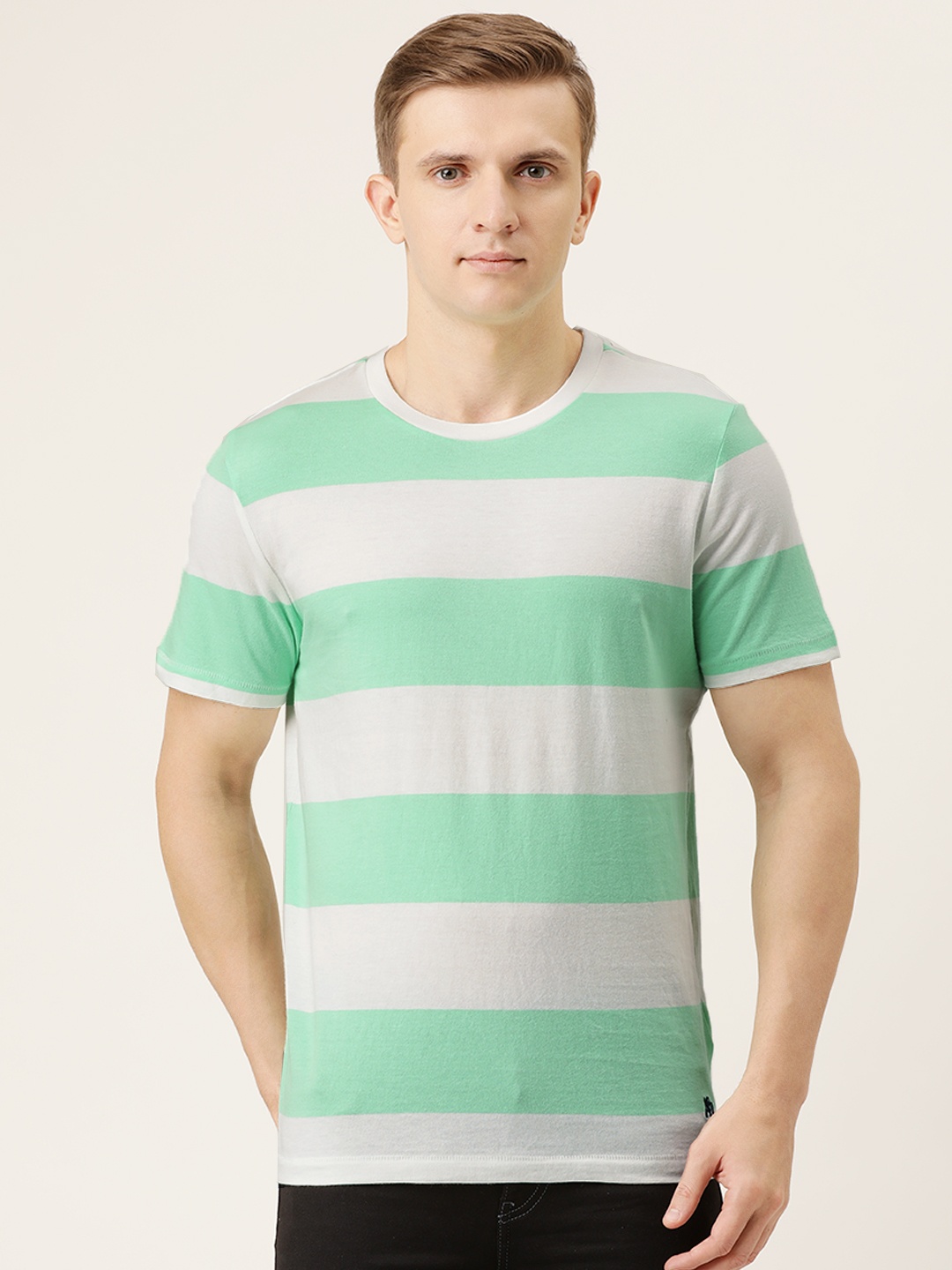 

Aeropostale Men Sea Green Striped Round Neck T-shirt