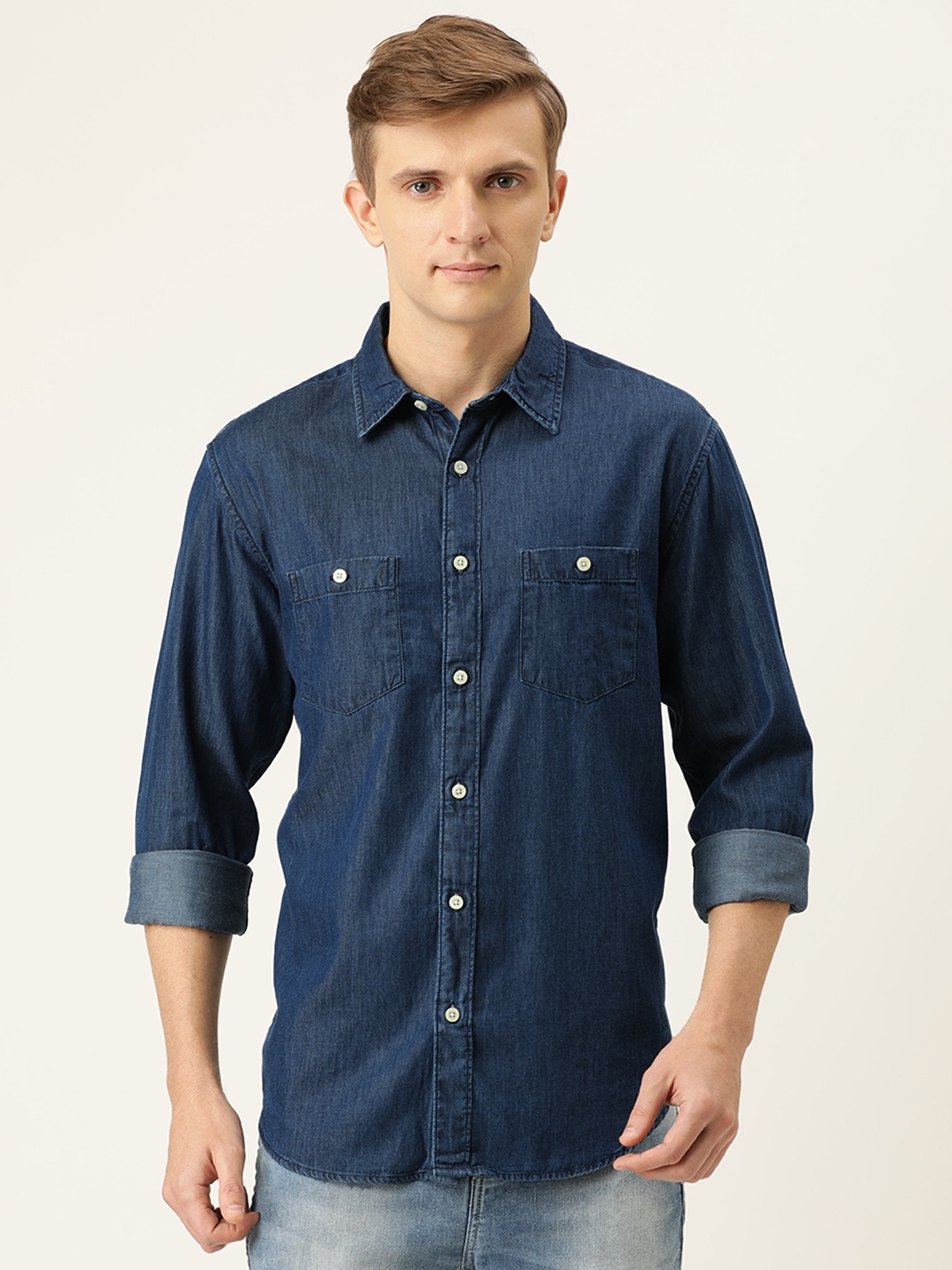 

Aeropostale Men Blue Regular Fit Solid Casual Denim Shirt