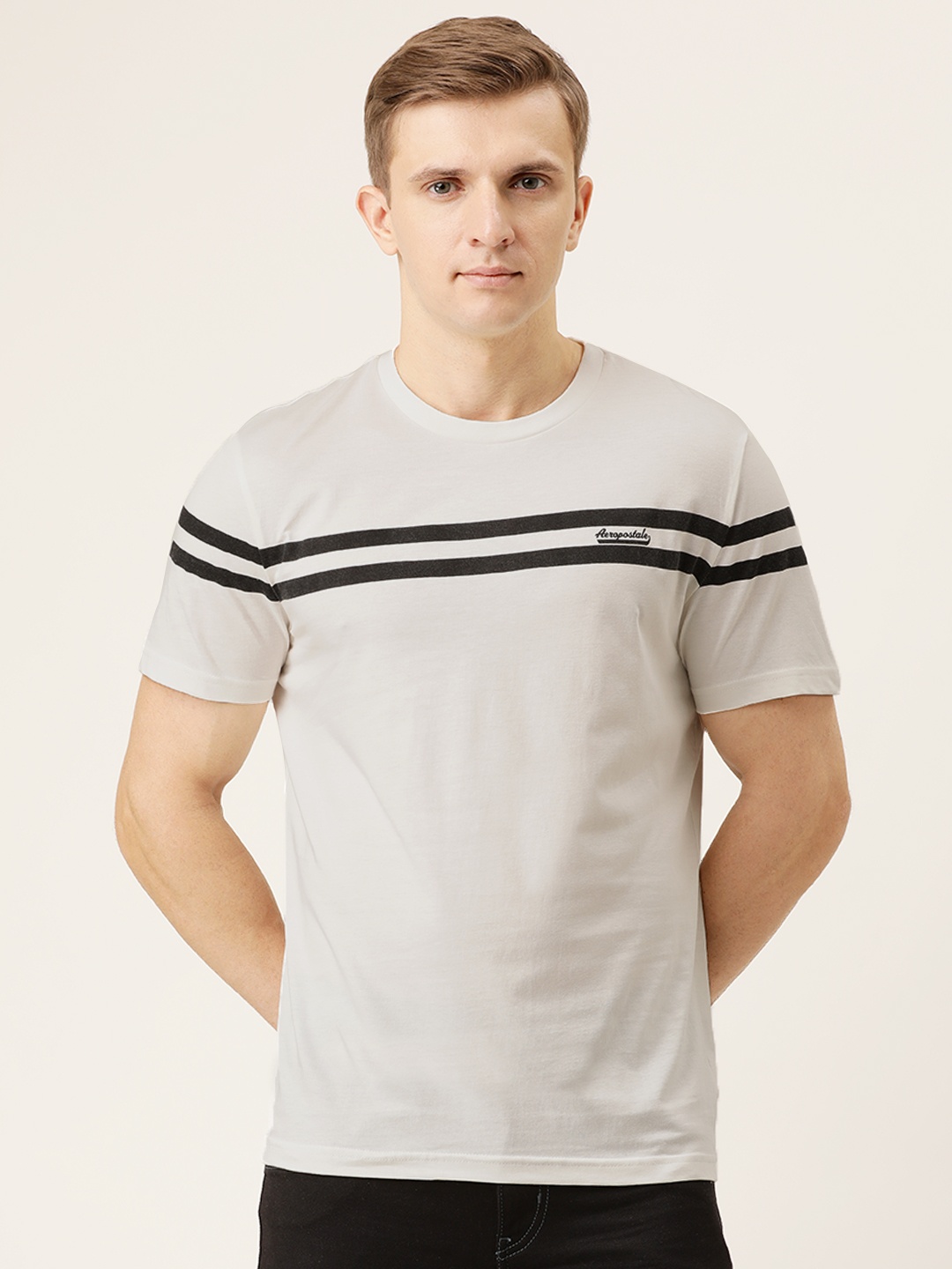 

Aeropostale Men White Black Striped Round Neck Pure Cotton T-shirt