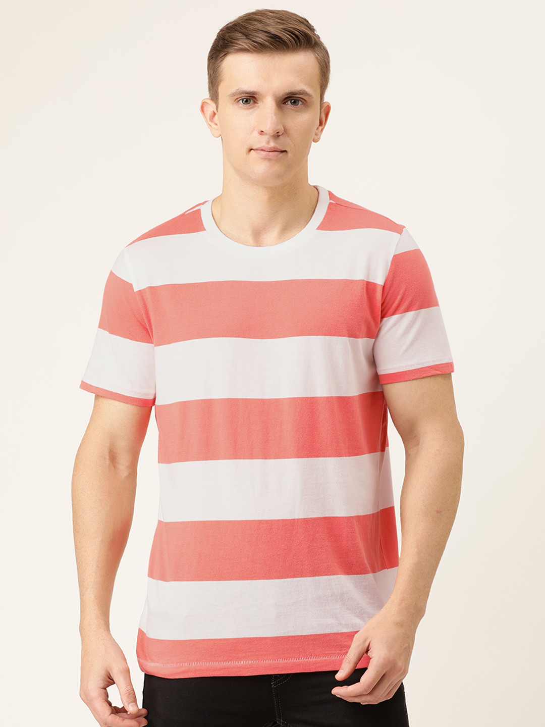 

Aeropostale Men Coral Striped Round Neck T-shirt