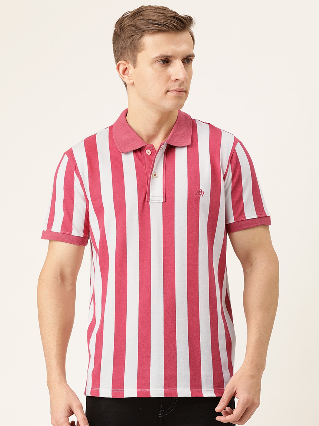 

Aeropostale Men Pink Striped Polo Collar T-shirt